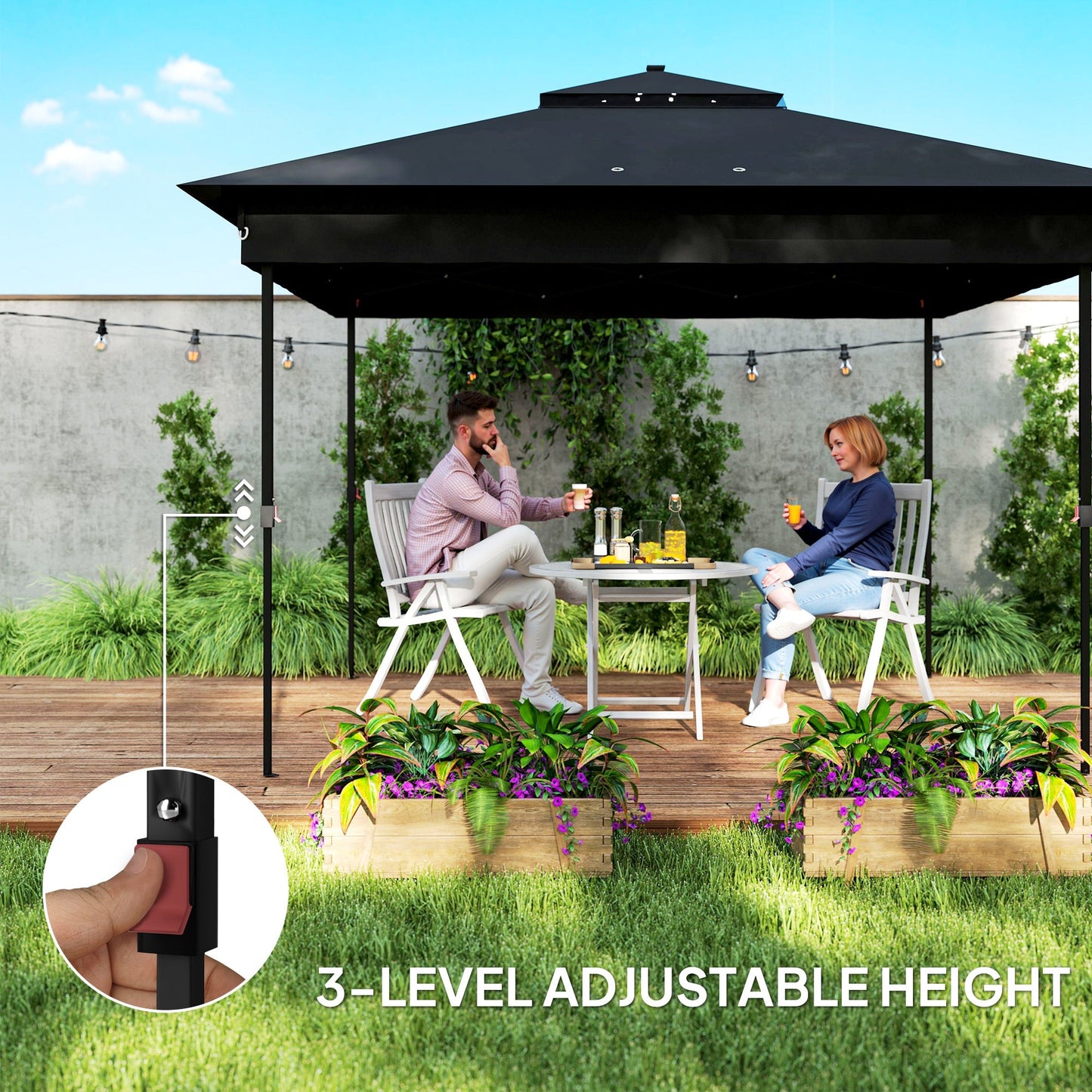 3 x 3(m) Pop Up Gazebo with Sides, 20 Solar-Powered LED Lights, Netting, Roller Bag, 4 Weight Bags, Marquee Party Tent, Height Adjustable Instant Event Shelter, Black