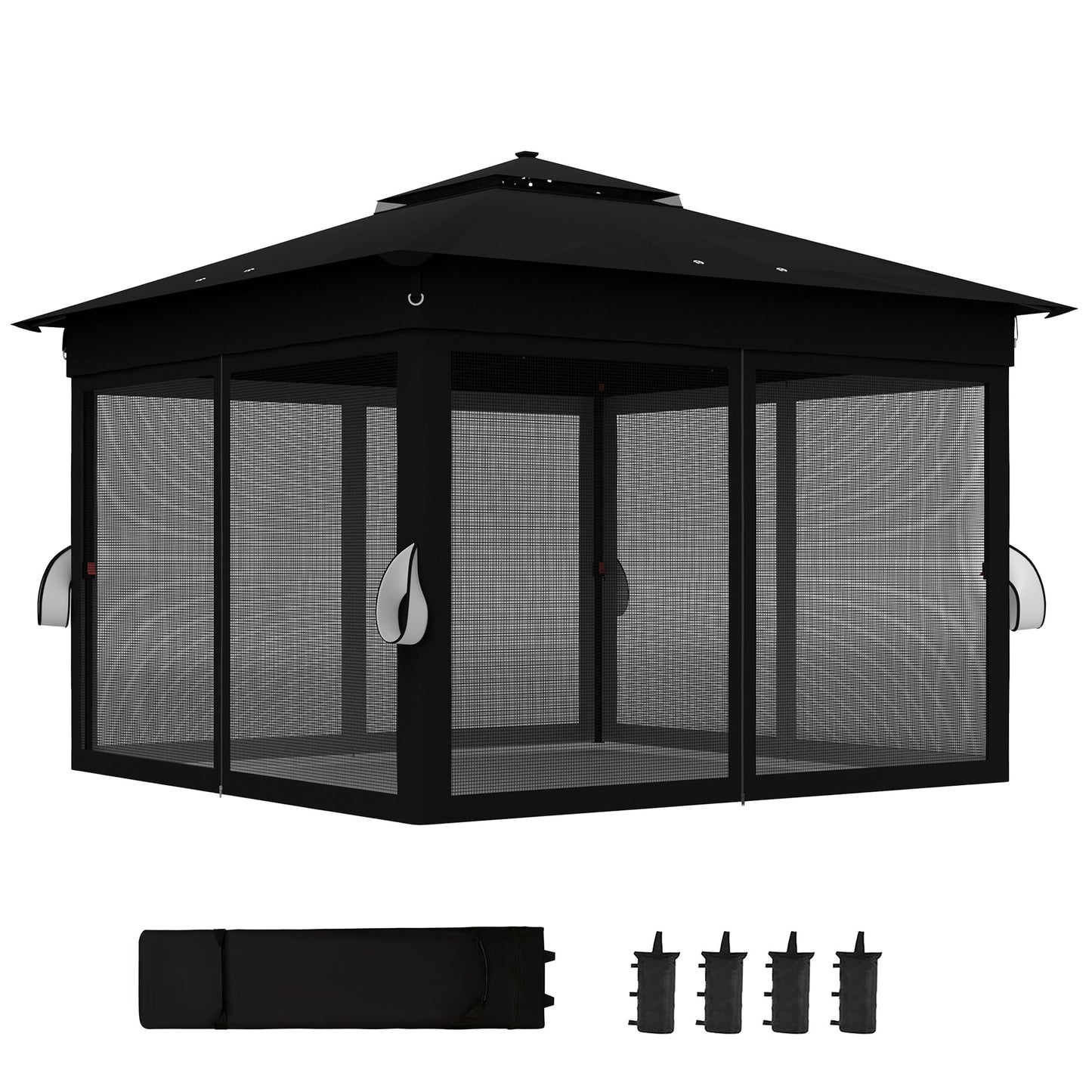 3 x 3(m) Pop Up Gazebo with Sides, 20 Solar-Powered LED Lights, Netting, Roller Bag, 4 Weight Bags, Marquee Party Tent, Height Adjustable Instant Event Shelter, Black