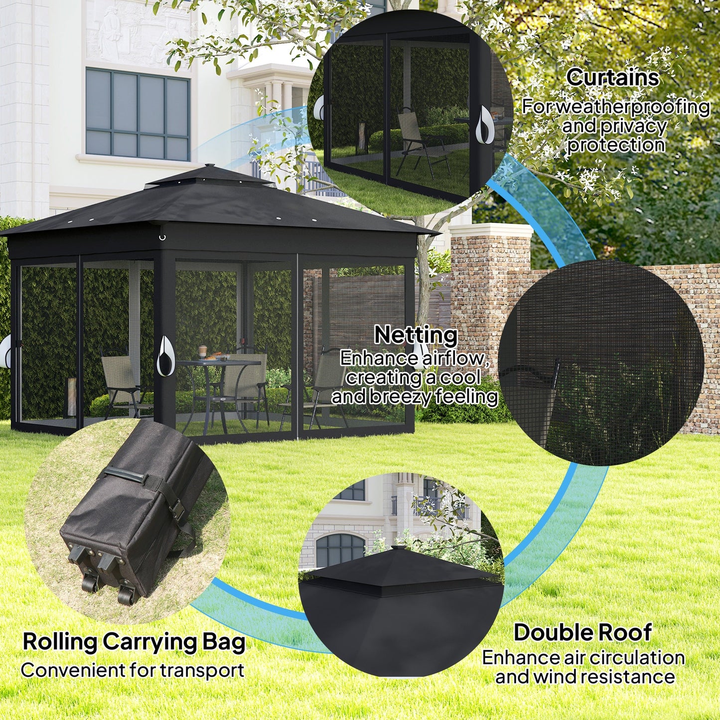 3 x 3(m) Pop Up Gazebo with Sides, 20 Solar-Powered LED Lights, Netting, Roller Bag, 4 Weight Bags, Marquee Party Tent, Height Adjustable Instant Event Shelter, Black