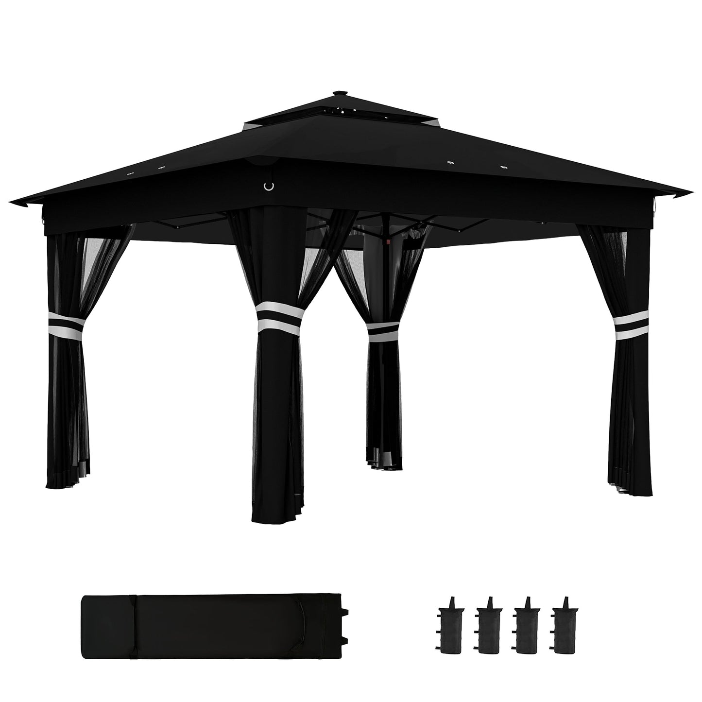 3 x 3(m) Pop Up Gazebo with Sides, 20 Solar-Powered LED Lights, Netting, Roller Bag, 4 Weight Bags, Marquee Party Tent, Height Adjustable Instant Event Shelter, Black