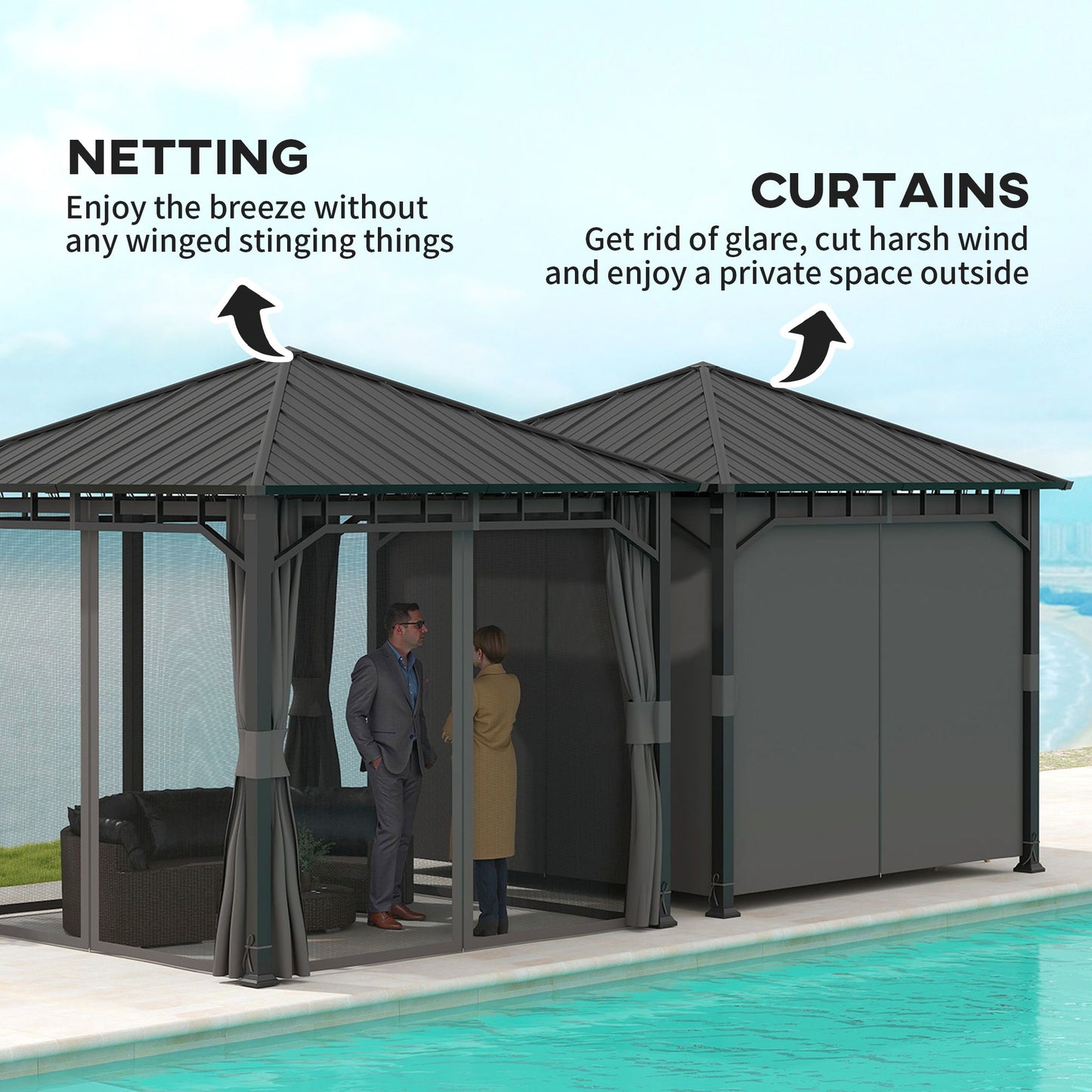 3 x 3(m) Hardtop Gazebo with Galvanised Steel Roof and Water Gutter, Waterproof Permanent Pavilion Garden Gazebo with Netting and Curtains for Patio, Deck