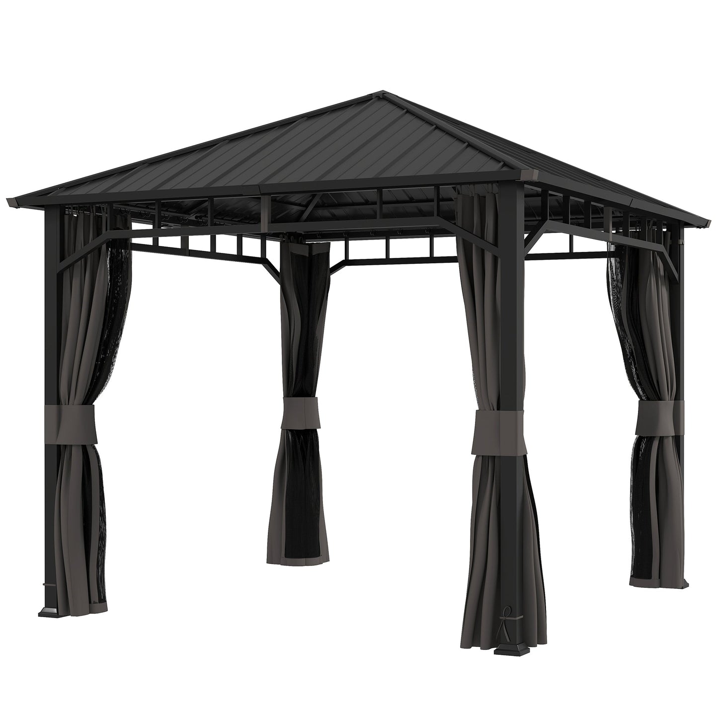 3 x 3(m) Hardtop Gazebo with Galvanised Steel Roof and Water Gutter, Waterproof Permanent Pavilion Garden Gazebo with Netting and Curtains for Patio, Deck