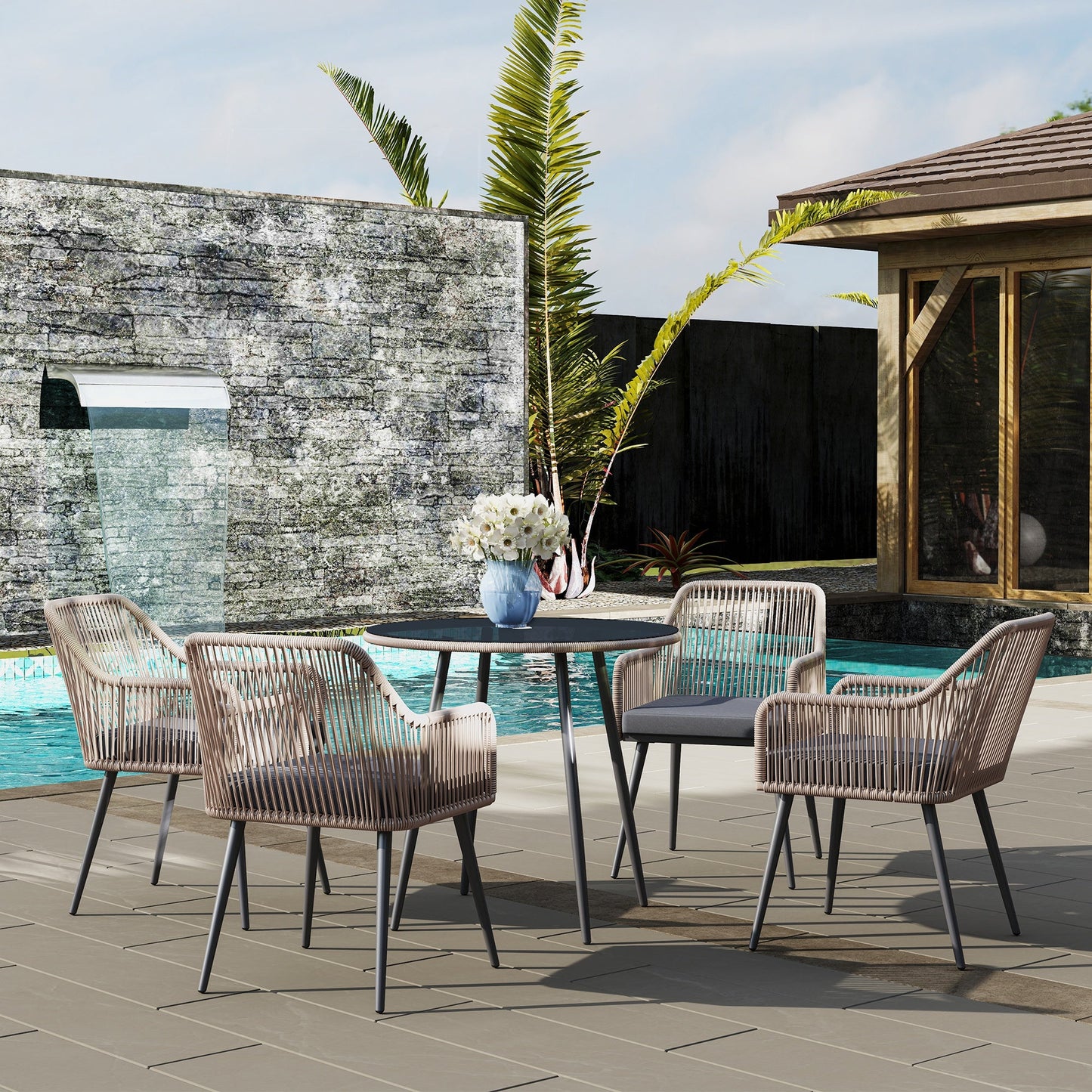 4 Seater Rattan Dining Set, Rattan Garden Furniture Set with Parasol Hole, Outdoor Dining Table and Chairs Set with Cushions, Round Glass Top Table for Patio, Balcony, Light Brown