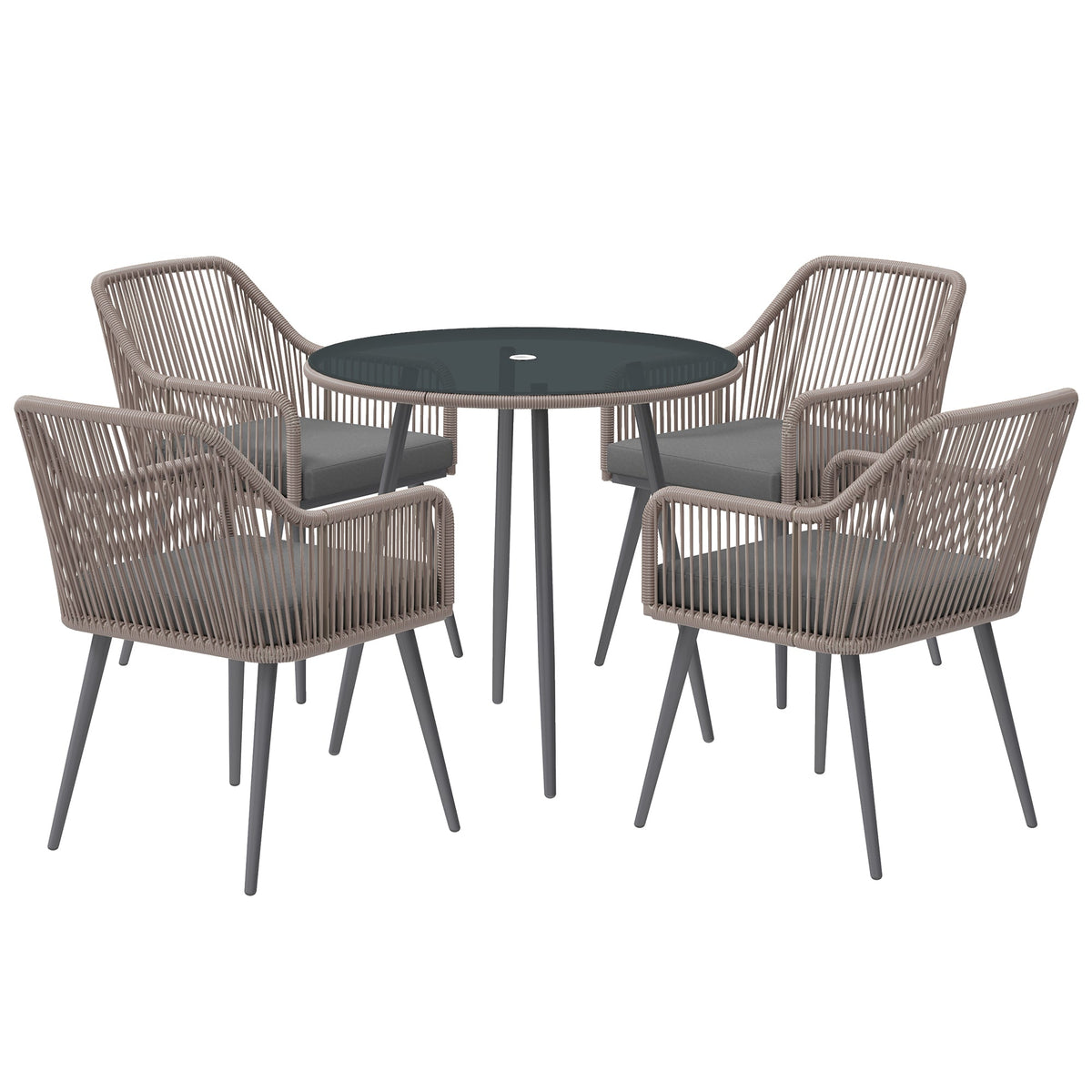 4 Seater Rattan Dining Set, Rattan Garden Furniture Set with Parasol Hole, Outdoor Dining Table and Chairs Set with Cushions, Round Glass Top Table for Patio, Balcony, Light Brown