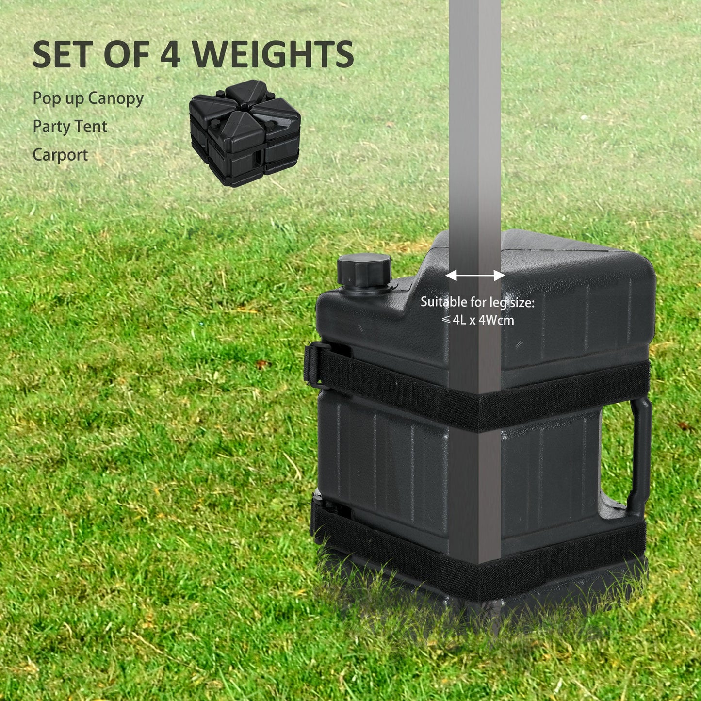 4PCs Gazebo Weights for Pop up Canopy Tent, HDPE Water or Sand Filled Weights for Gazebo Legs, with Built-in Handles and Secure Straps, 52KG