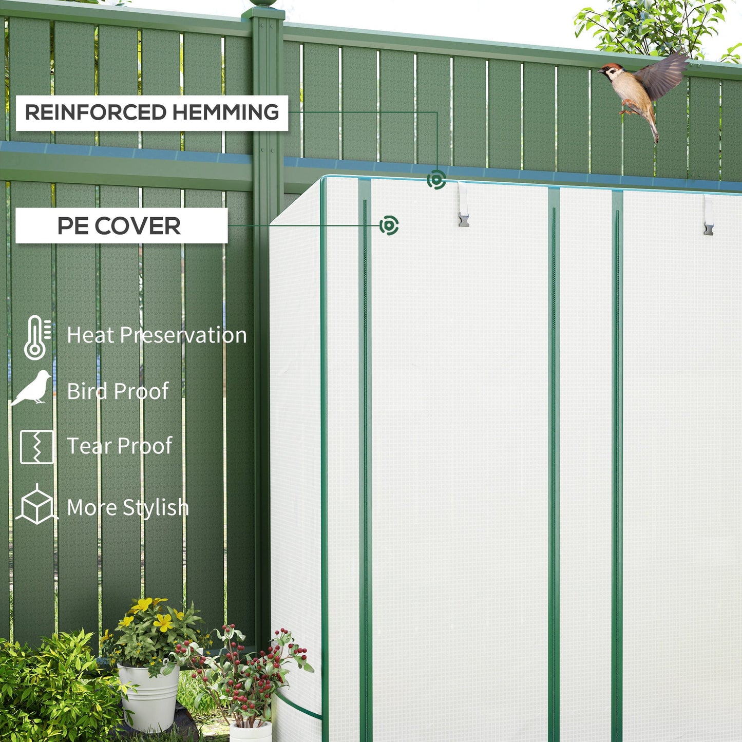 3 Tier Lean-to Mini Greenhouse with Reinforced PE Cover, Portable Small Greenhouse with Roll-Up Door, Green Hemmed Edging, 144 x 48 x 152cm, White