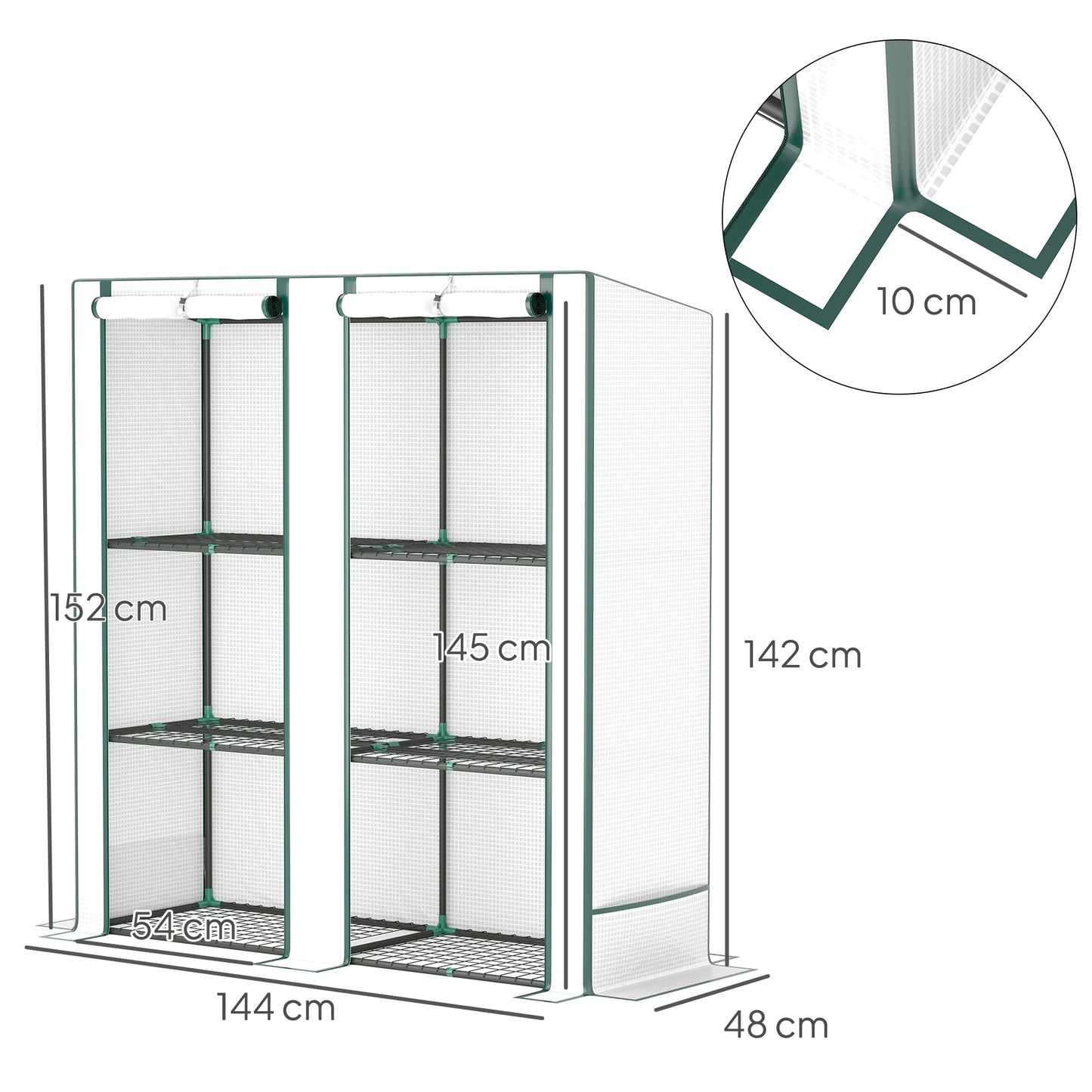3 Tier Lean-to Mini Greenhouse with Reinforced PE Cover, Portable Small Greenhouse with Roll-Up Door, Green Hemmed Edging, 144 x 48 x 152cm, White
