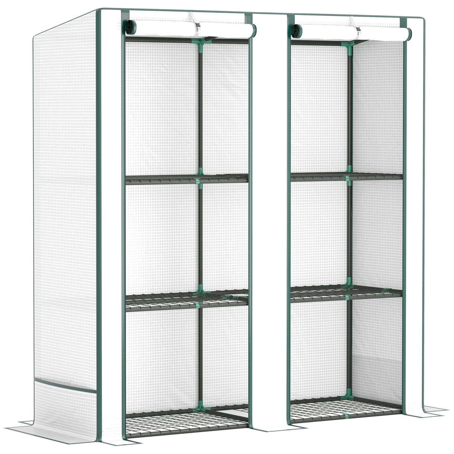 3 Tier Lean-to Mini Greenhouse with Reinforced PE Cover, Portable Small Greenhouse with Roll-Up Door, Green Hemmed Edging, 144 x 48 x 152cm, White
