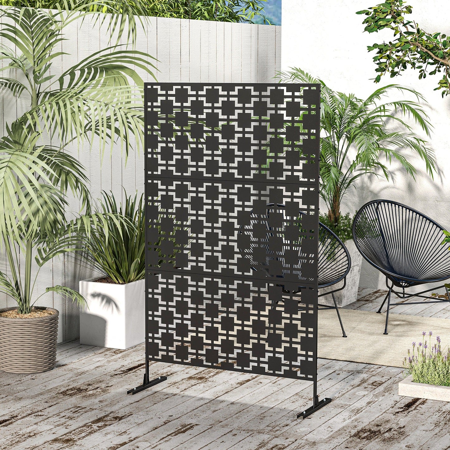 Decorative Garden Privacy Screen with Stand, 6.5FT Freestanding Metal Outdoor Divider, Decorative Privacy Panel with Expansion Screws for Garden Pool Hot Tub, Grid Style, Black