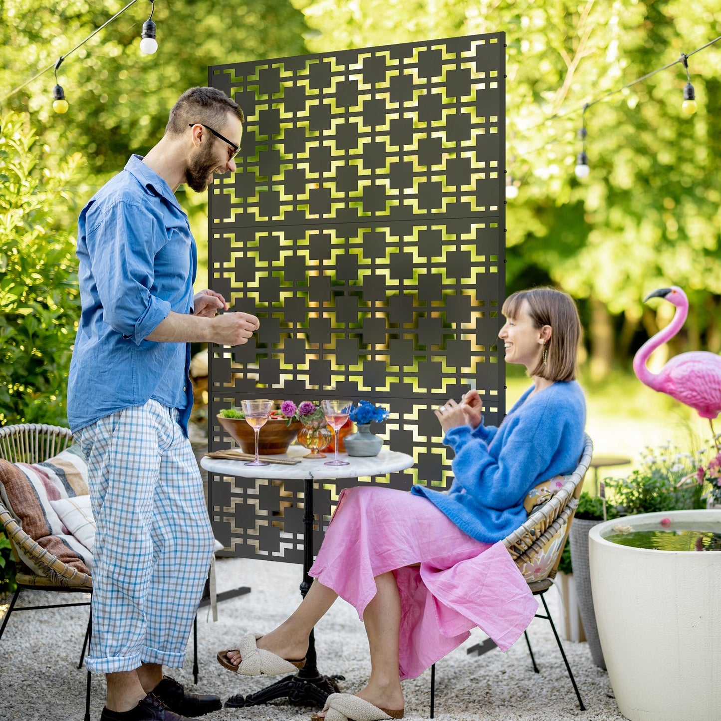 Decorative Garden Privacy Screen with Stand, 6.5FT Freestanding Metal Outdoor Divider, Decorative Privacy Panel with Expansion Screws for Garden Pool Hot Tub, Grid Style, Black