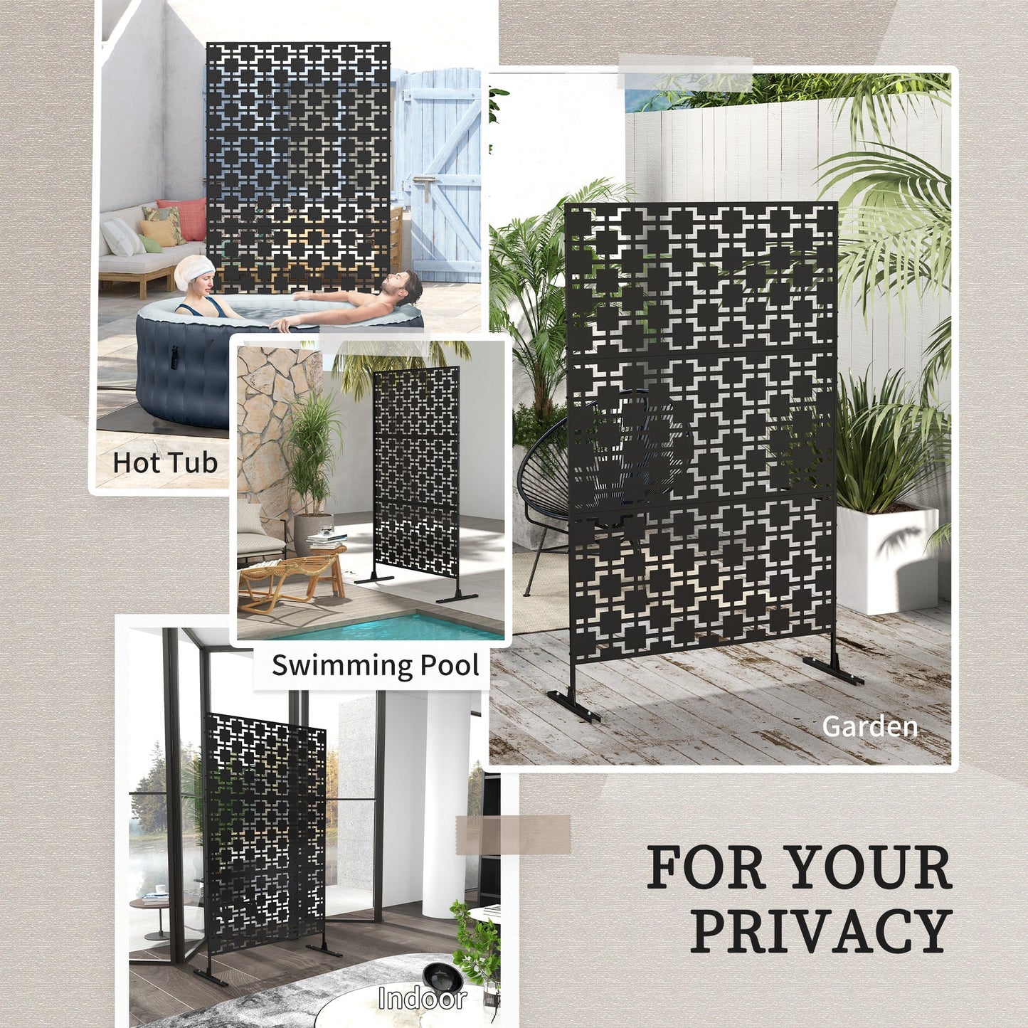 Decorative Garden Privacy Screen with Stand, 6.5FT Freestanding Metal Outdoor Divider, Decorative Privacy Panel with Expansion Screws for Garden Pool Hot Tub, Grid Style, Black