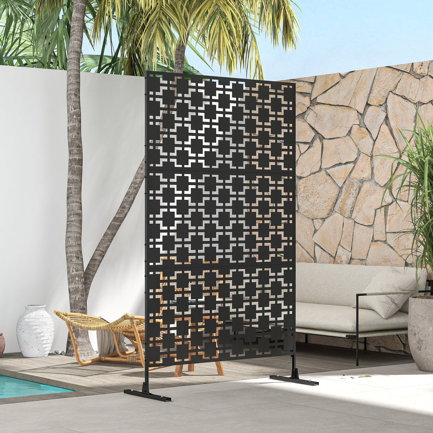 Decorative Garden Privacy Screen with Stand, 6.5FT Freestanding Metal Outdoor Divider, Decorative Privacy Panel with Expansion Screws for Garden Pool Hot Tub, Grid Style, Black