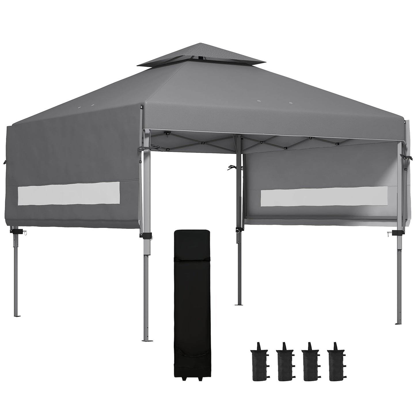 3 x 3(m) Pop Up Gazebo with Extend Dual Awnings, 1 Person Easy up Marquee Party Tent with 1-Button Push, Double Roof, Wheeled Bag, Sandbags, Height Adjustable Instant Shelter, Grey