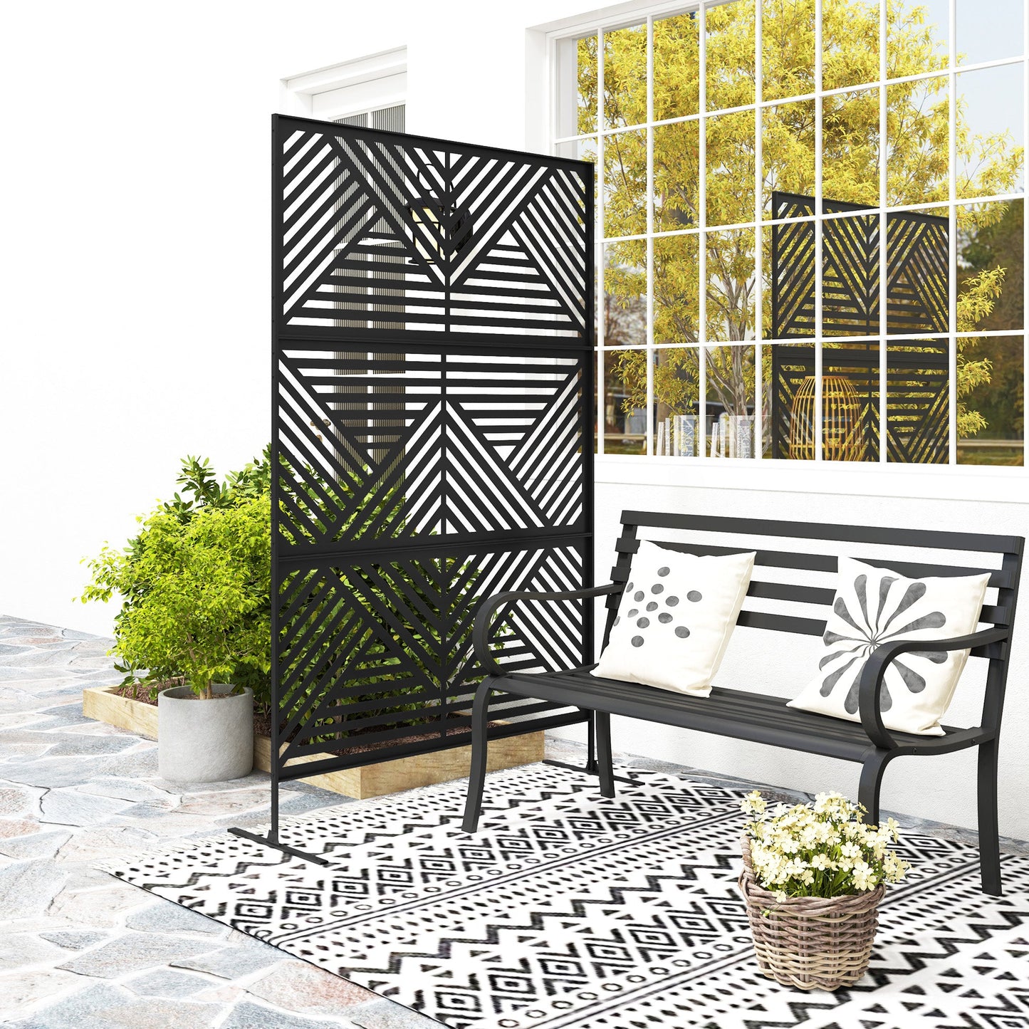 Decorative Garden Privacy Screen with Stand, 6.5FT Freestanding Metal Outdoor Divider, Decorative Privacy Panel with Expansion Screws for Garden Pool Hot Tub, Rhombus Style, Black