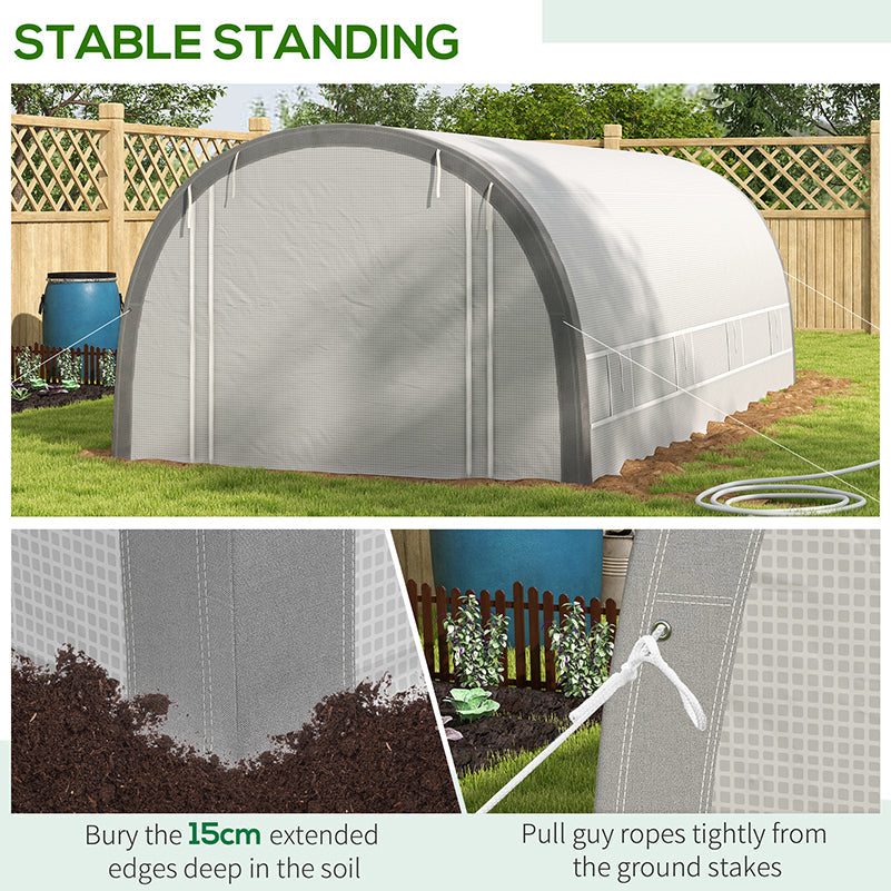 6 x 3(m) Walk-in Polytunnel Greenhouse with Upgraded Structure, Zipped Roll Up Mesh Door, 8 Mesh Windows, Tunnel Warm House Tent with PE Cover, 15 Plant Labels and Gloves, White