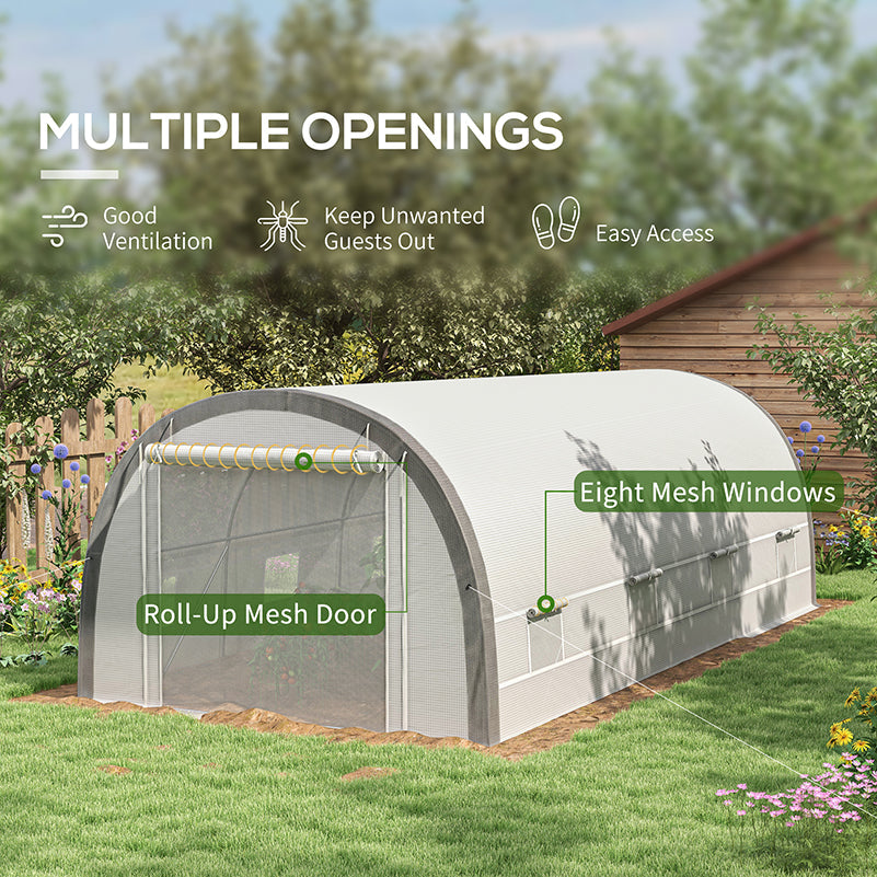 6 x 3(m) Walk-in Polytunnel Greenhouse with Upgraded Structure, Zipped Roll Up Mesh Door, 8 Mesh Windows, Tunnel Warm House Tent with PE Cover, 15 Plant Labels and Gloves, White