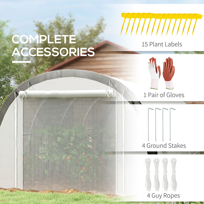 6 x 3(m) Walk-in Polytunnel Greenhouse with Upgraded Structure, Zipped Roll Up Mesh Door, 8 Mesh Windows, Tunnel Warm House Tent with PE Cover, 15 Plant Labels and Gloves, White
