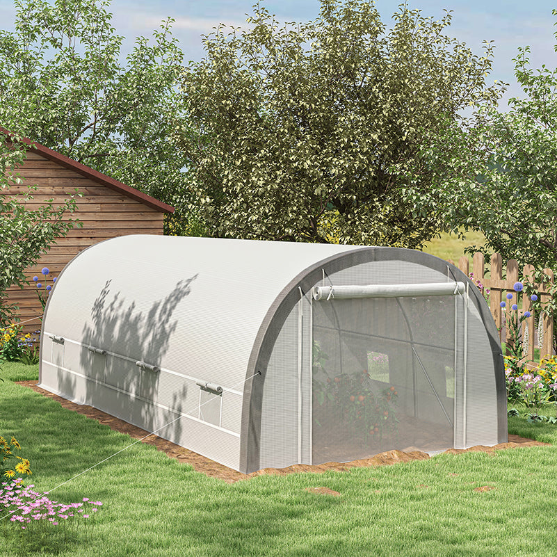 6 x 3(m) Walk-in Polytunnel Greenhouse with Upgraded Structure, Zipped Roll Up Mesh Door, 8 Mesh Windows, Tunnel Warm House Tent with PE Cover, 15 Plant Labels and Gloves, White