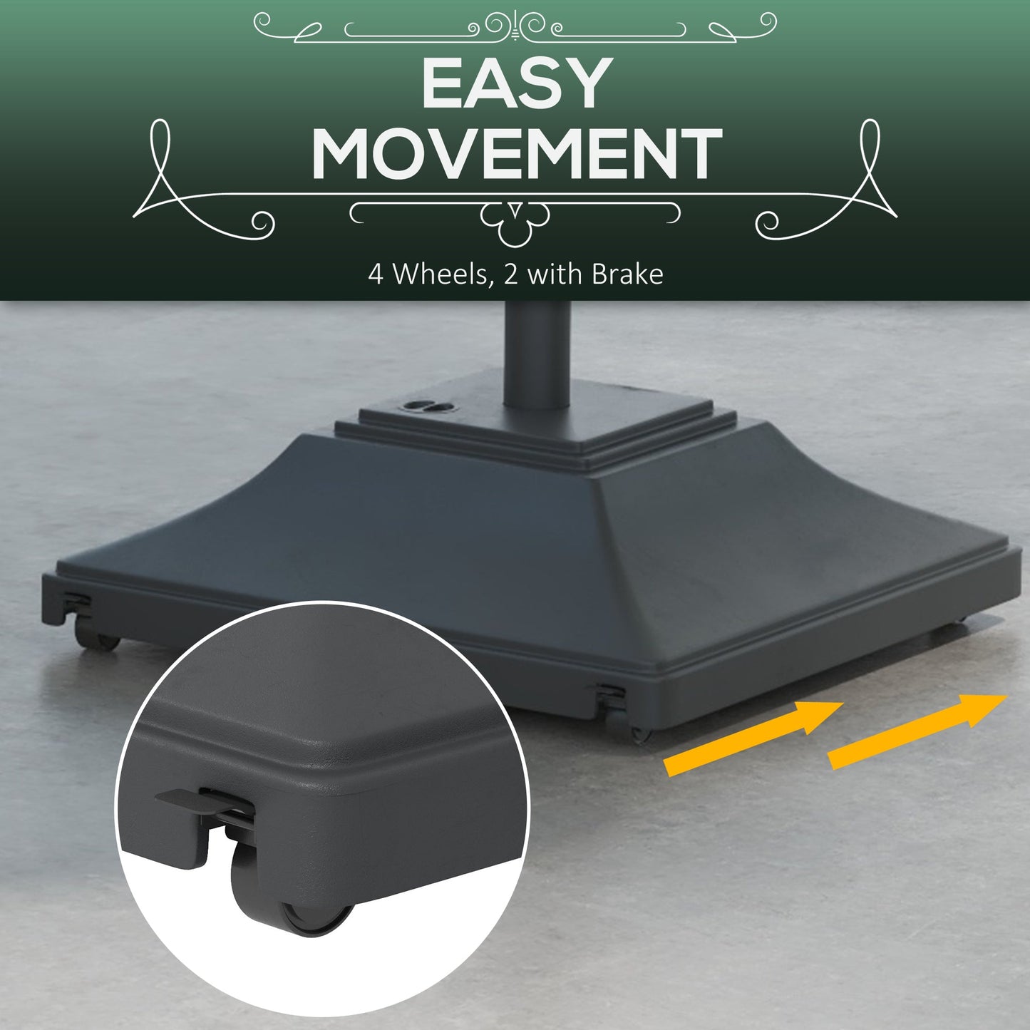 Square Parasol Base with Wheels, 45kg Water or 60kg Sand Filled, Heavy Duty HDPE Umbrella Stand with Double Adjustable Knob, Fillable Parasol Stand for 38mm and 48mm Poles, Black