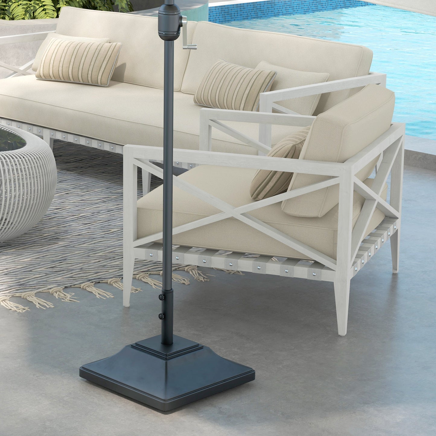 Square Parasol Base with Wheels, 45kg Water or 60kg Sand Filled, Heavy Duty HDPE Umbrella Stand with Double Adjustable Knob, Fillable Parasol Stand for 38mm and 48mm Poles, Black