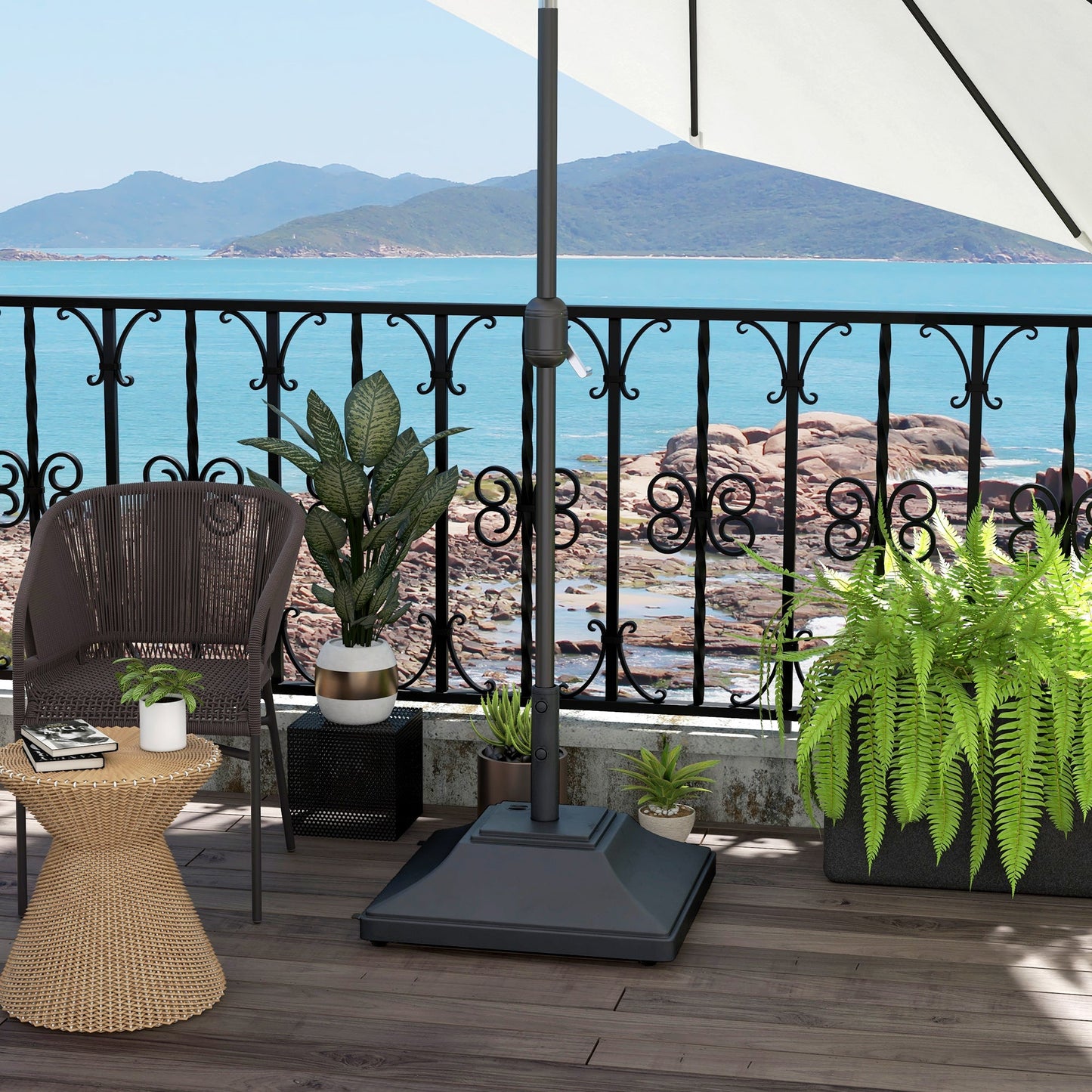 Square Parasol Base with Wheels, 45kg Water or 60kg Sand Filled, Heavy Duty HDPE Umbrella Stand with Double Adjustable Knob, Fillable Parasol Stand for 38mm and 48mm Poles, Black