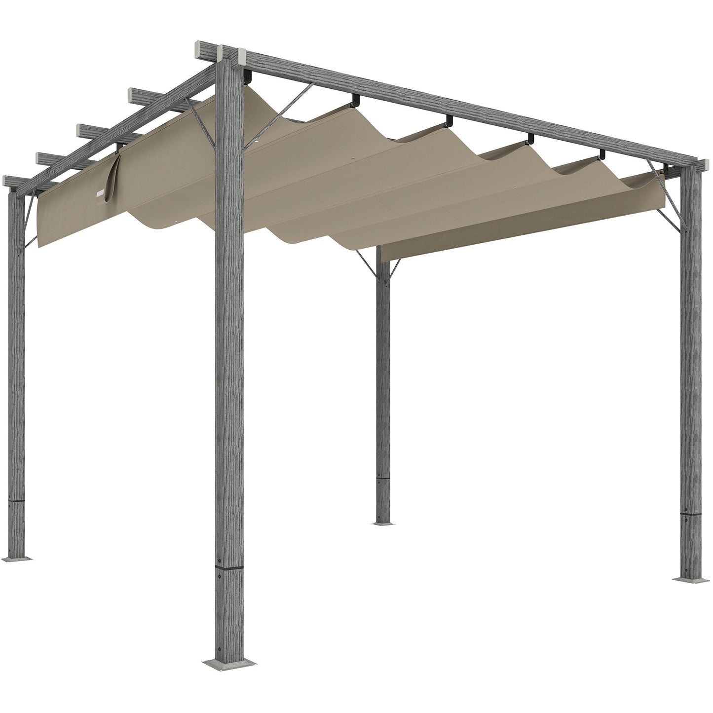 3 x 3(m) Garden Pergola with Retractable Roof Canopy and Wood Grain Aluminium Frame, Outdoor Gazebo Pergola Kit, UPF30+ Sun Shade Shelter for Deck, Porch, Grey