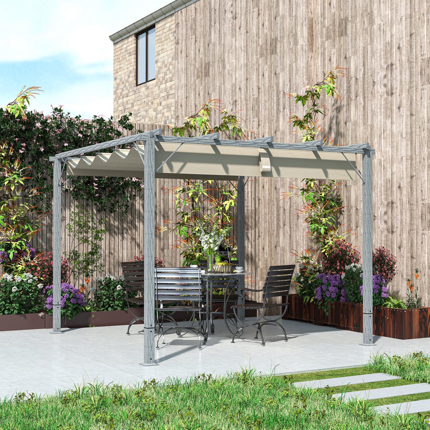 3 x 3(m) Garden Pergola with Retractable Roof Canopy and Wood Grain Aluminium Frame, Outdoor Gazebo Pergola Kit, UPF30+ Sun Shade Shelter for Deck, Porch, Grey