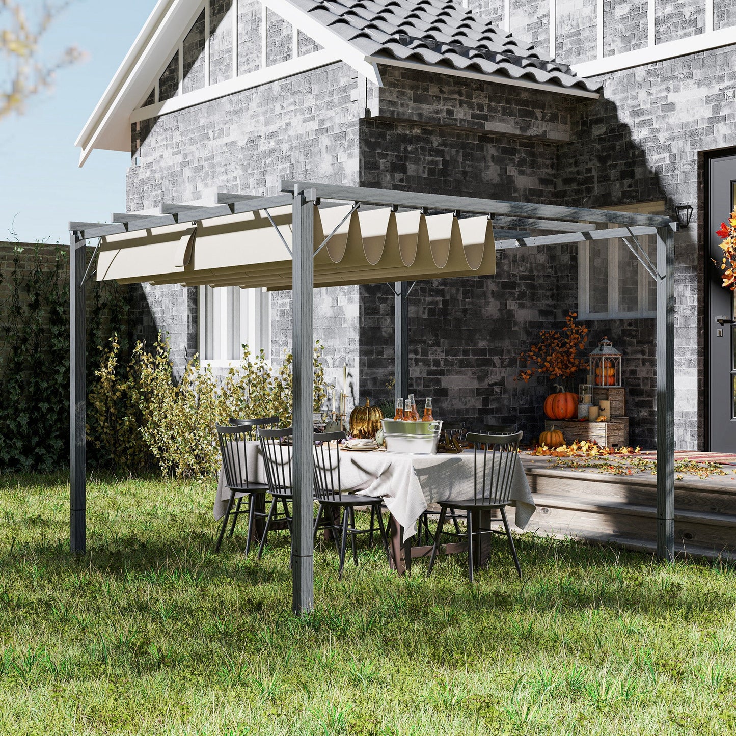 3 x 3(m) Garden Pergola with Retractable Roof Canopy and Wood Grain Aluminium Frame, Outdoor Gazebo Pergola Kit, UPF30+ Sun Shade Shelter for Deck, Porch, Grey