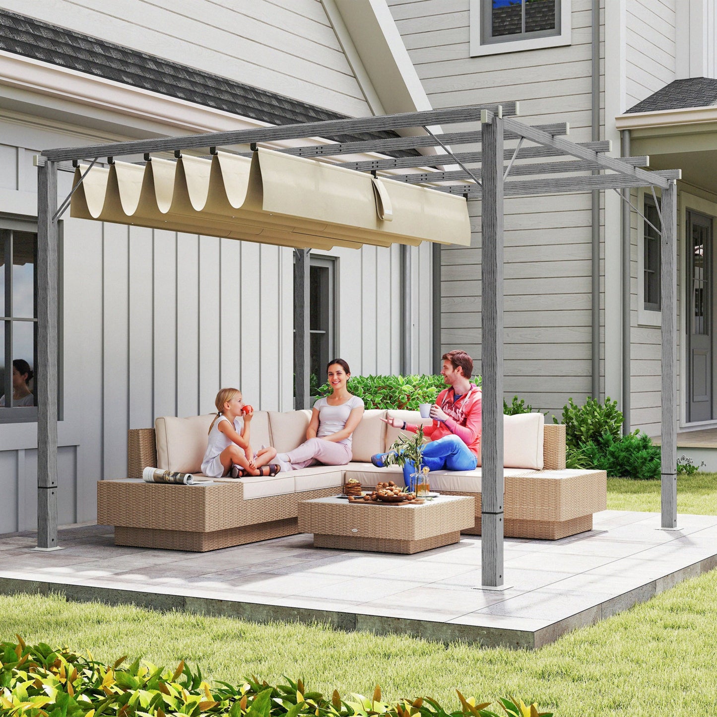 3 x 3(m) Garden Pergola with Retractable Roof Canopy and Wood Grain Aluminium Frame, Outdoor Gazebo Pergola Kit, UPF30+ Sun Shade Shelter for Deck, Porch, Grey