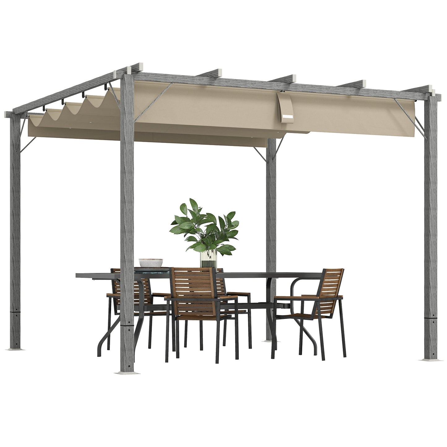 3 x 3(m) Garden Pergola with Retractable Roof Canopy and Wood Grain Aluminium Frame, Outdoor Gazebo Pergola Kit, UPF30+ Sun Shade Shelter for Deck, Porch, Grey