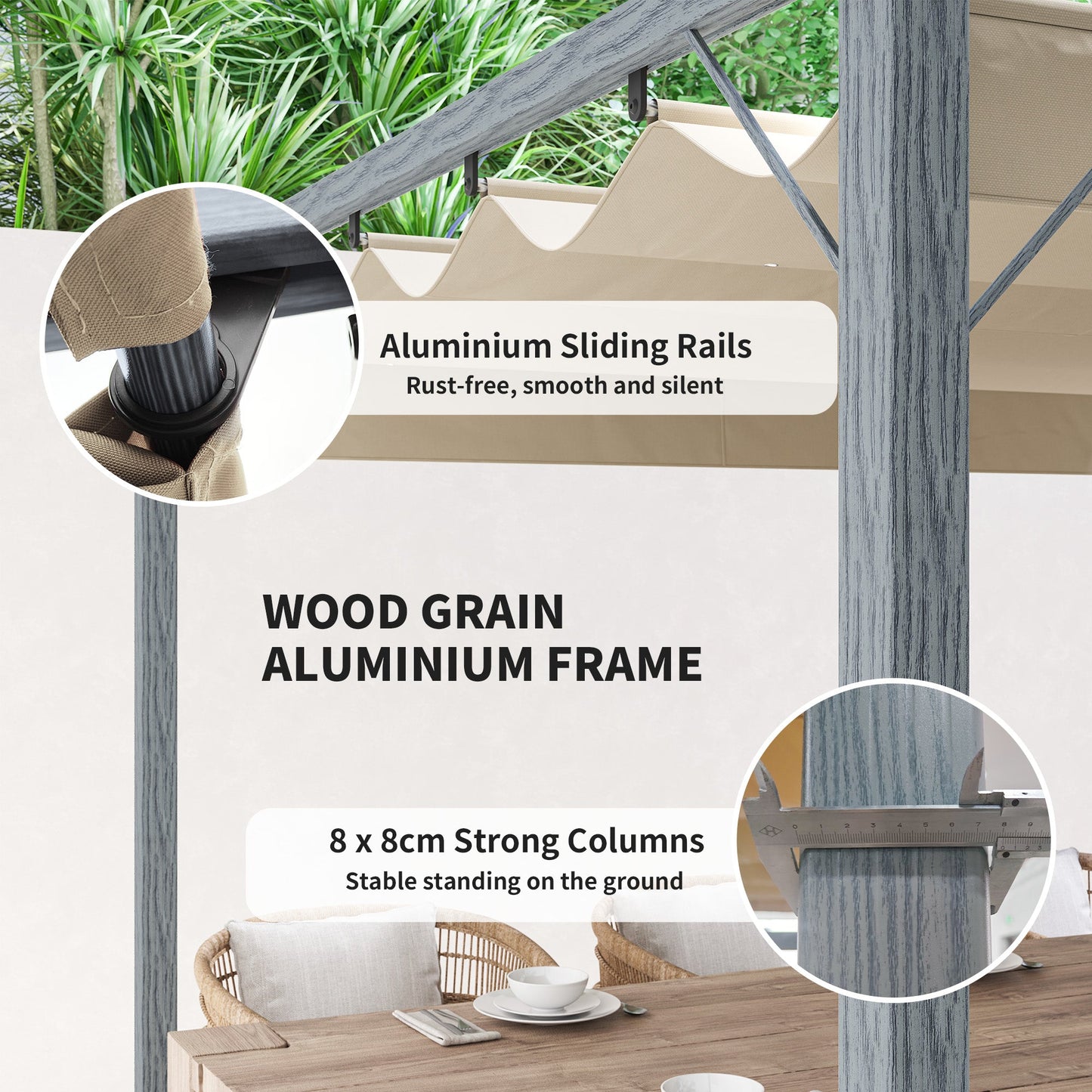 3 x 3(m) Garden Pergola with Retractable Roof Canopy and Wood Grain Aluminium Frame, Outdoor Gazebo Pergola Kit, UPF30+ Sun Shade Shelter for Deck, Porch, Grey