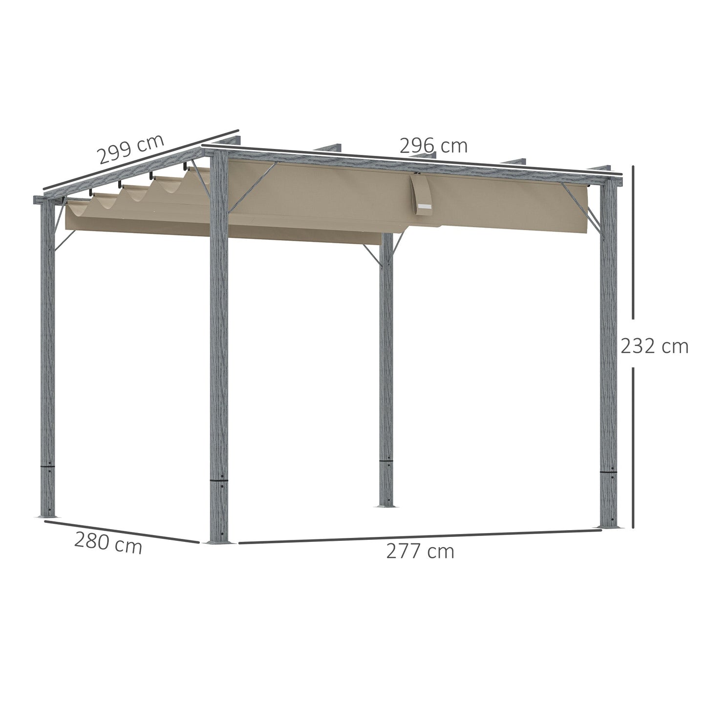 3 x 3(m) Garden Pergola with Retractable Roof Canopy and Wood Grain Aluminium Frame, Outdoor Gazebo Pergola Kit, UPF30+ Sun Shade Shelter for Deck, Porch, Grey