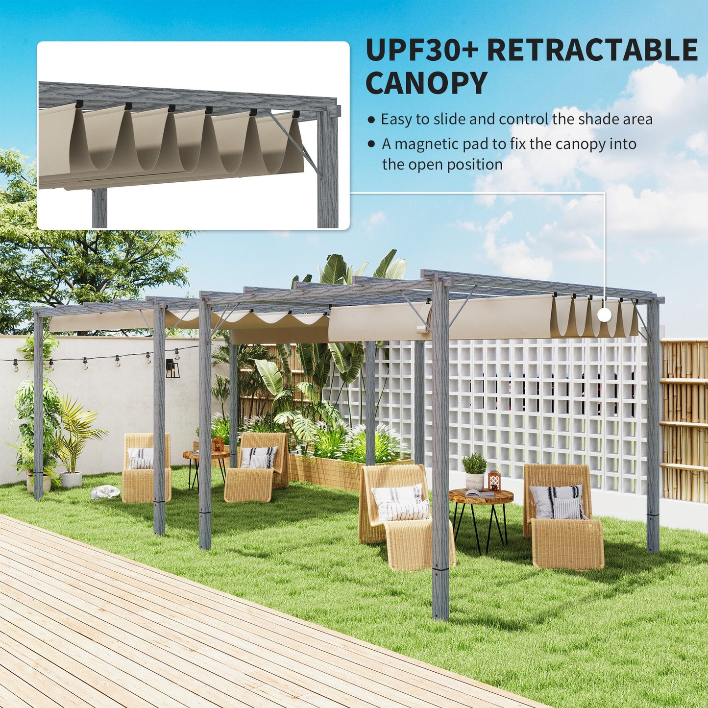 3 x 3(m) Garden Pergola with Retractable Roof Canopy and Wood Grain Aluminium Frame, Outdoor Gazebo Pergola Kit, UPF30+ Sun Shade Shelter for Deck, Porch, Grey