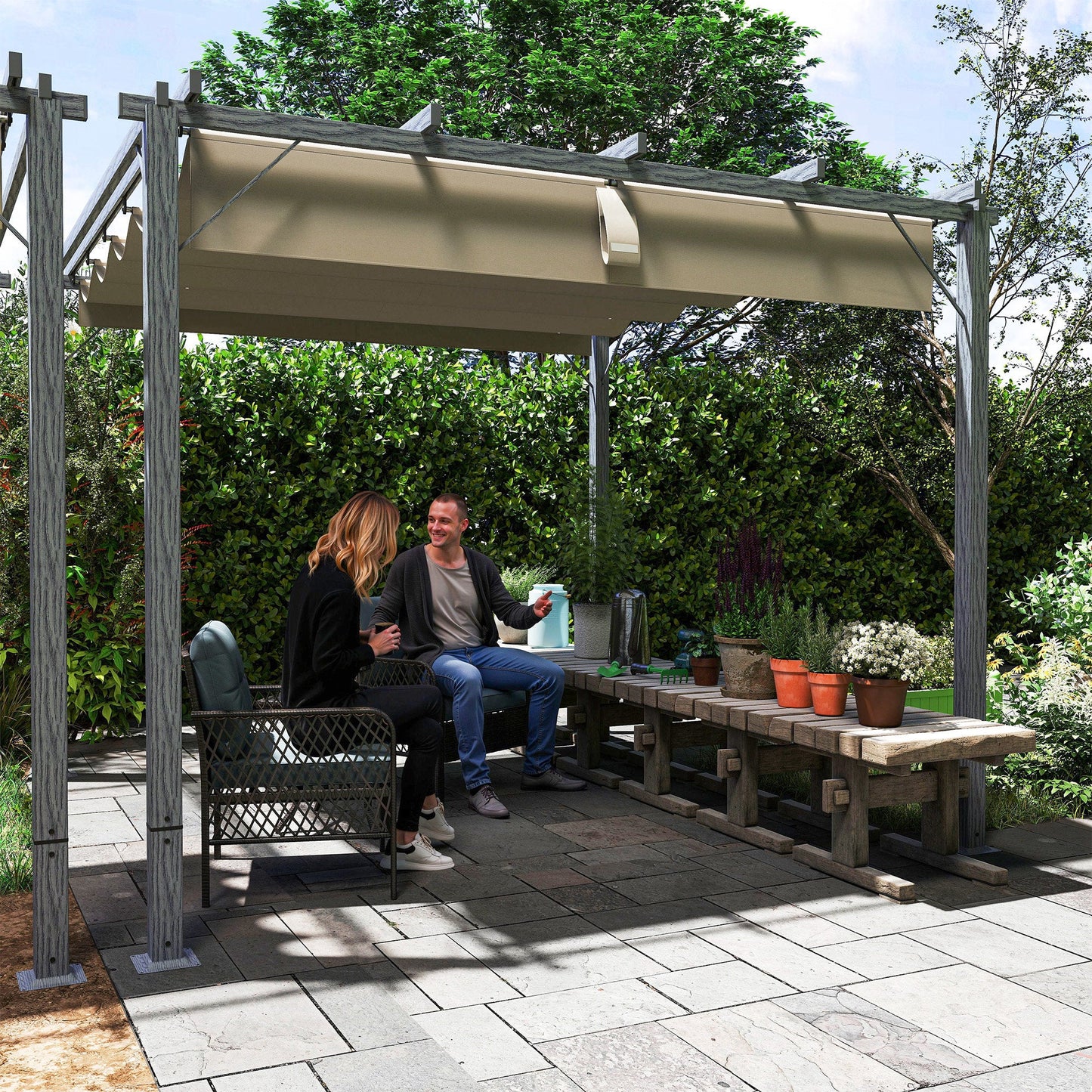 3 x 3(m) Garden Pergola with Retractable Roof Canopy and Wood Grain Aluminium Frame, Outdoor Gazebo Pergola Kit, UPF30+ Sun Shade Shelter for Deck, Porch, Grey