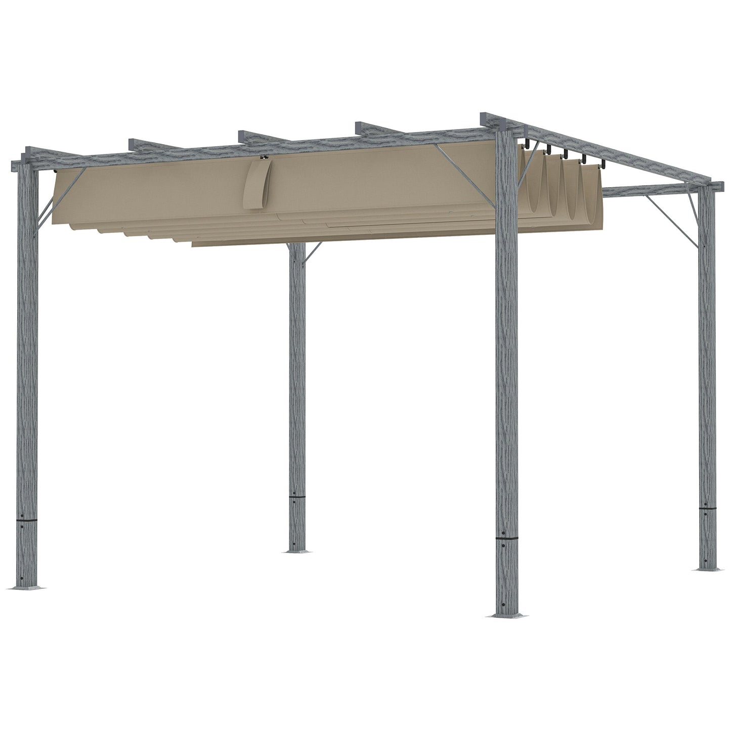 3 x 3(m) Garden Pergola with Retractable Roof Canopy and Wood Grain Aluminium Frame, Outdoor Gazebo Pergola Kit, UPF30+ Sun Shade Shelter for Deck, Porch, Grey
