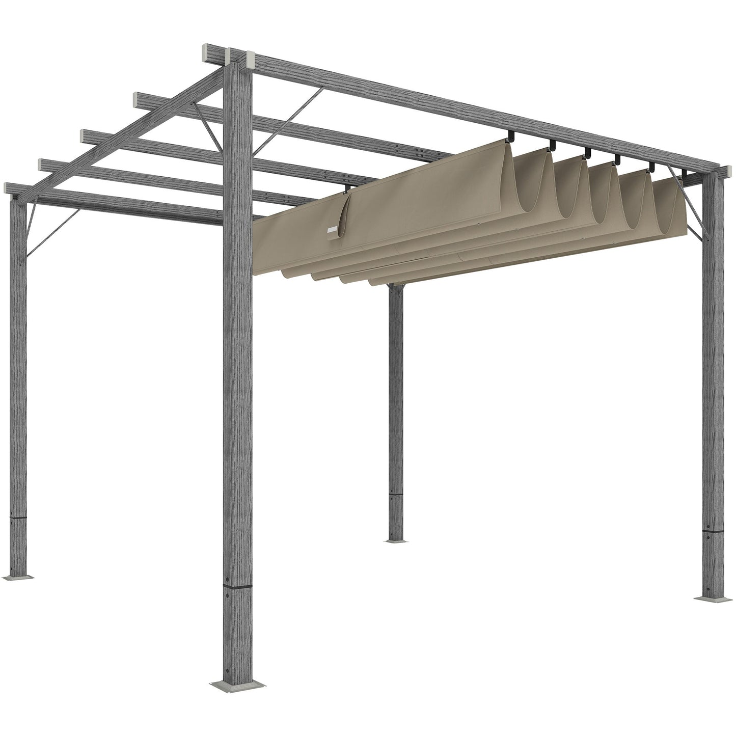 3 x 3(m) Garden Pergola with Retractable Roof Canopy and Wood Grain Aluminium Frame, Outdoor Gazebo Pergola Kit, UPF30+ Sun Shade Shelter for Deck, Porch, Grey
