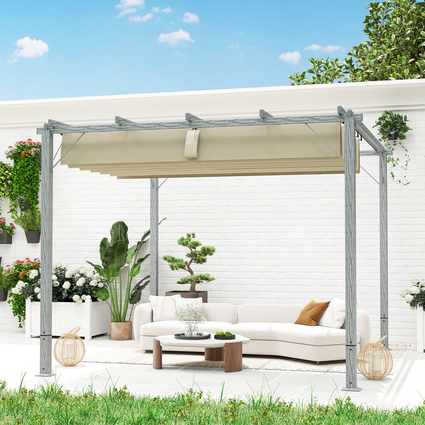 3 x 3(m) Garden Pergola with Retractable Roof Canopy and Wood Grain Aluminium Frame, Outdoor Gazebo Pergola Kit, UPF30+ Sun Shade Shelter for Deck, Porch, Grey