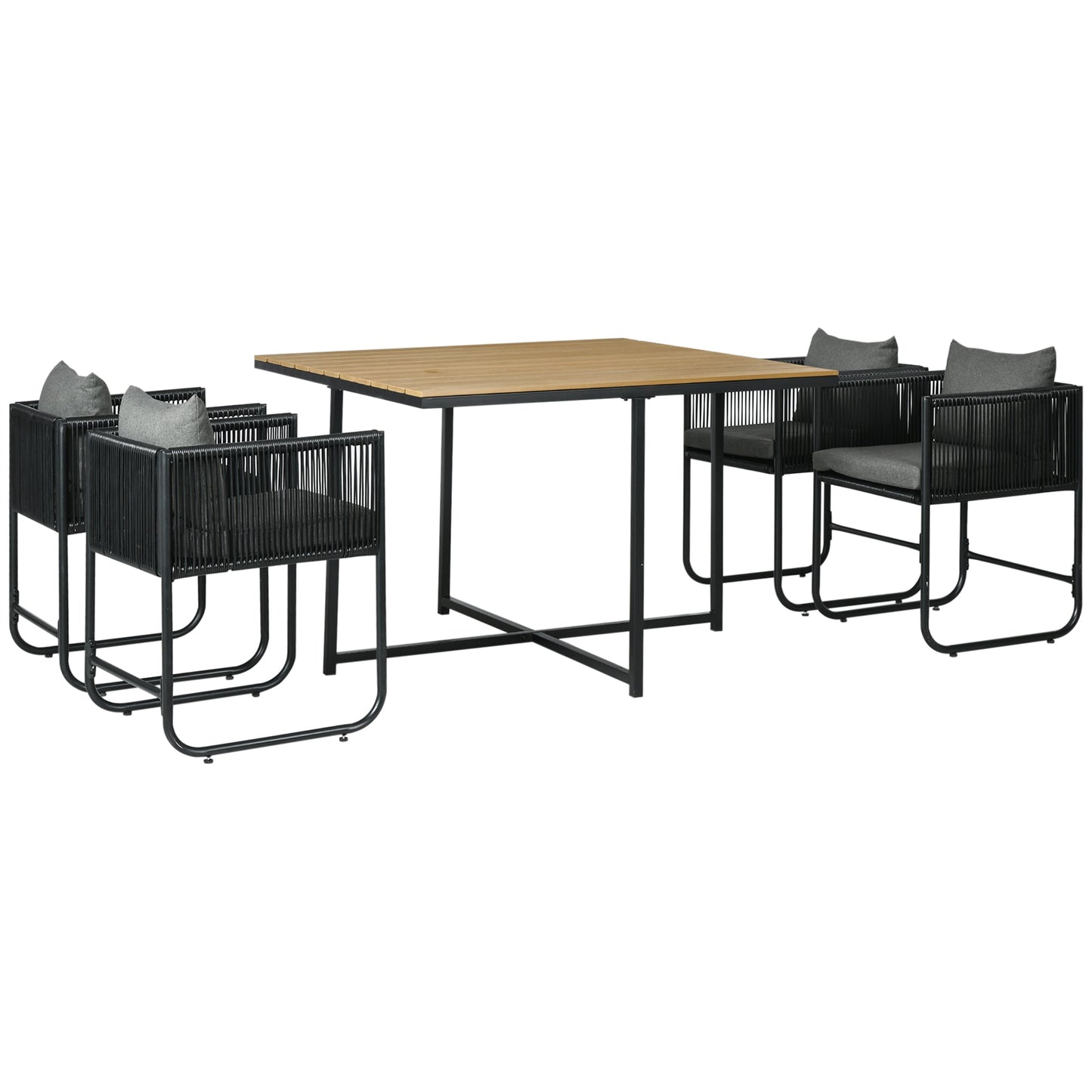 4 Seater Rattan Cube Garden Furniture Set, Rattan Dining Set with Cushions, Outdoor Dining Table and Chairs with Rectangular Wood Grain Plastic Top Table for Patio, Balcony, Black