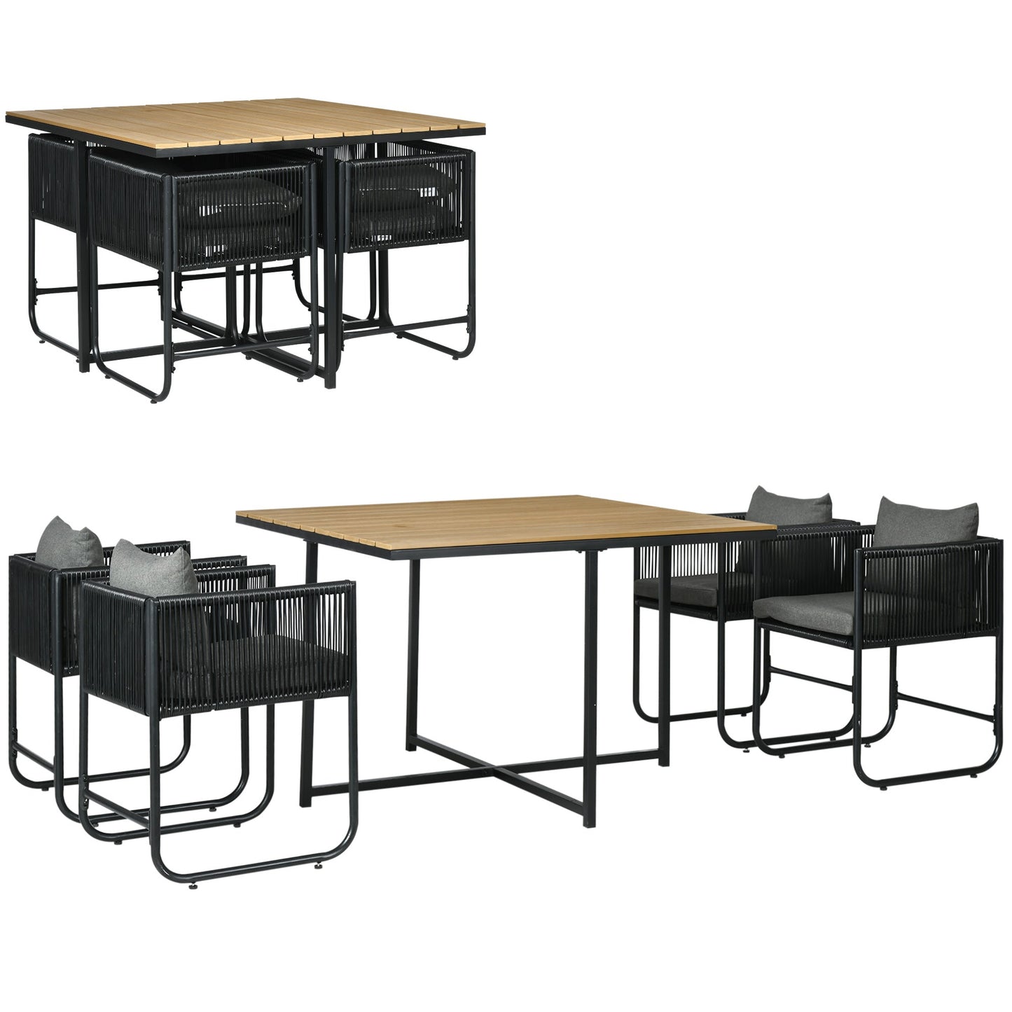 4 Seater Rattan Cube Garden Furniture Set, Rattan Dining Set with Cushions, Outdoor Dining Table and Chairs with Rectangular Wood Grain Plastic Top Table for Patio, Balcony, Black