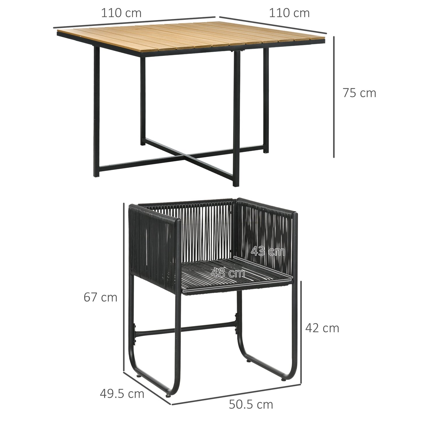 4 Seater Rattan Cube Garden Furniture Set, Rattan Dining Set with Cushions, Outdoor Dining Table and Chairs with Rectangular Wood Grain Plastic Top Table for Patio, Balcony, Black