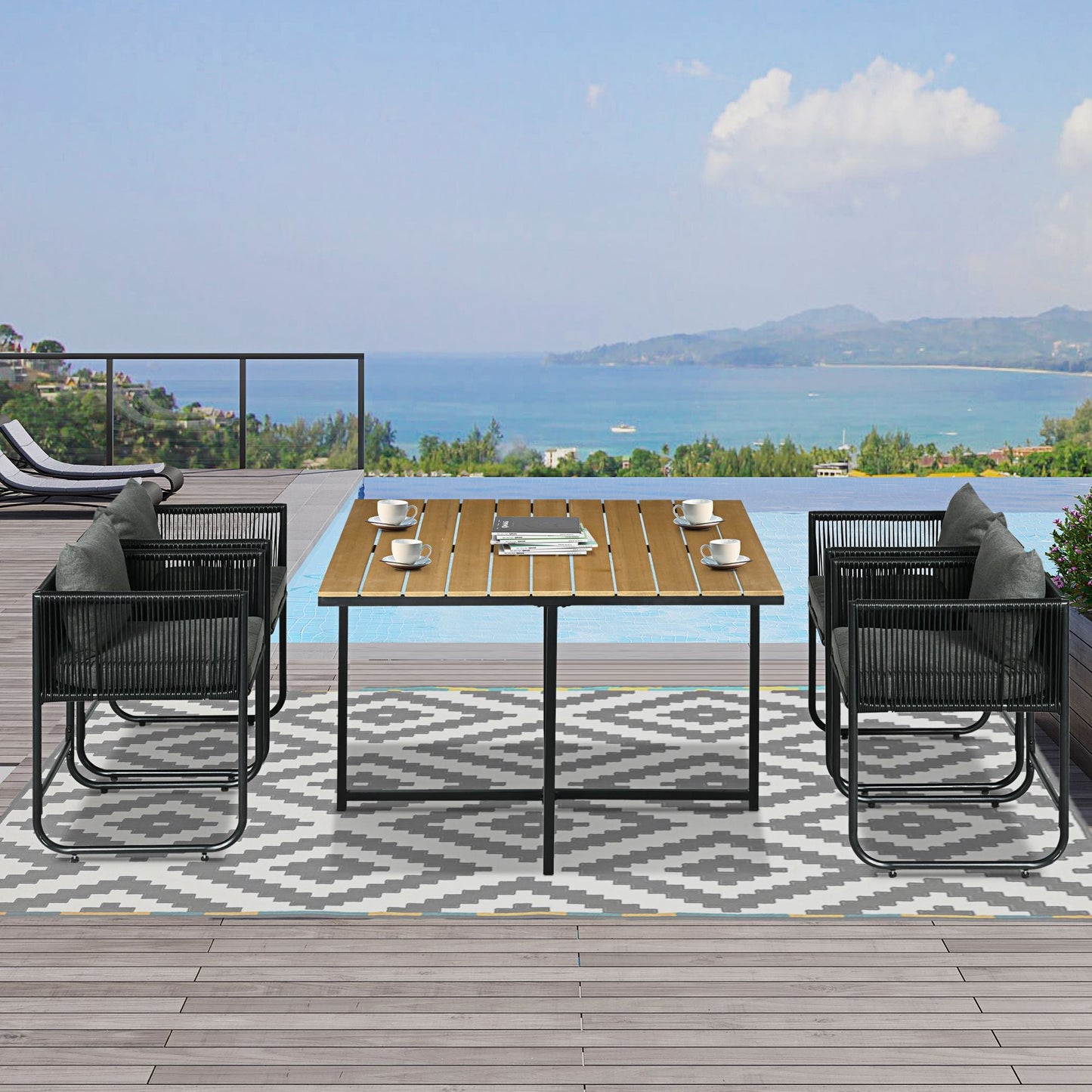 4 Seater Rattan Cube Garden Furniture Set, Rattan Dining Set with Cushions, Outdoor Dining Table and Chairs with Rectangular Wood Grain Plastic Top Table for Patio, Balcony, Black