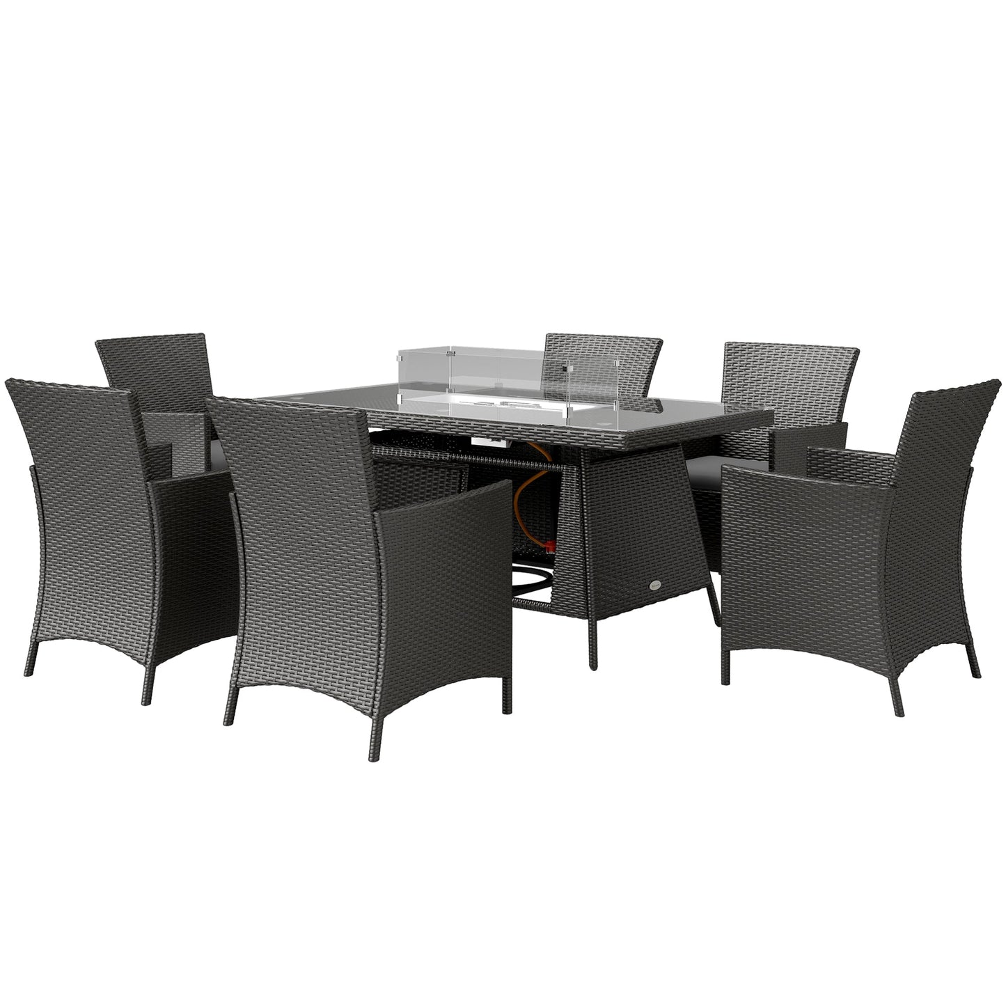 7 Pieces Outdoor Rattan Garden Furniture with Fire Pit Table, 6 Seater Garden Table and Chairs with Cushions, Rattan Dining Set with Propane Heater Table, Windscreen, 50,000 BTU, Black