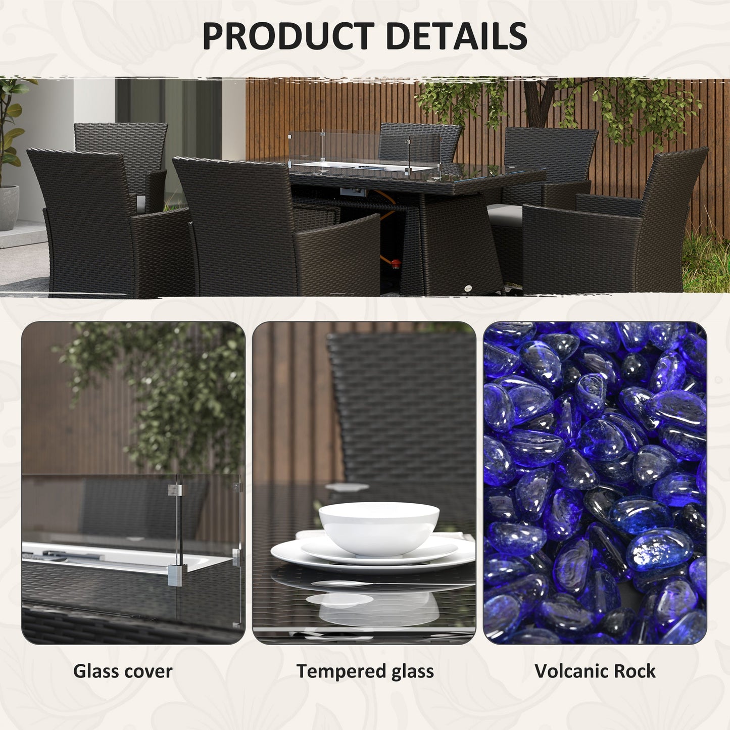 7 Pieces Outdoor Rattan Garden Furniture with Fire Pit Table, 6 Seater Garden Table and Chairs with Cushions, Rattan Dining Set with Propane Heater Table, Windscreen, 50,000 BTU, Black