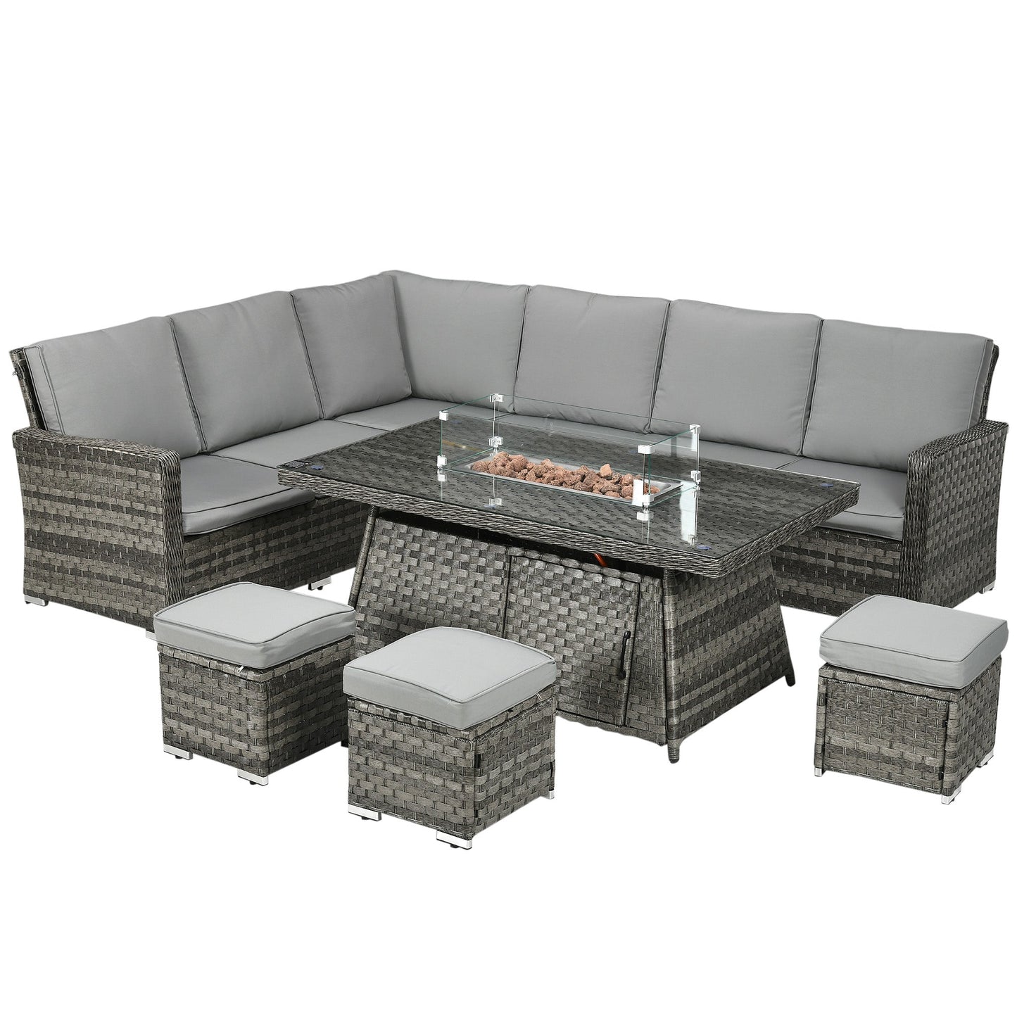 7 Pieces PE Rattan Garden Furniture Set, 50,000 BTU Gas Fire Pit Table, Double Corner Sofa and 3 Footstools, 6 Seater Furniture Sofa Sets with Cushions for Conservatory, Grey