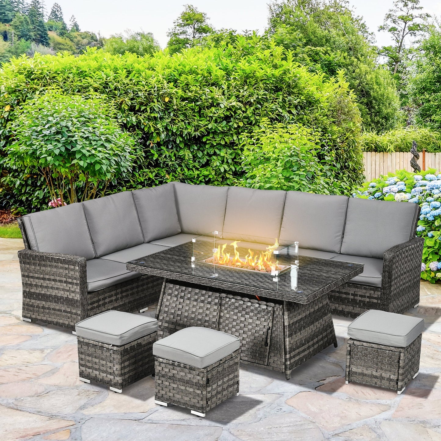 7 Pieces PE Rattan Garden Furniture Set, 50,000 BTU Gas Fire Pit Table, Double Corner Sofa and 3 Footstools, 6 Seater Furniture Sofa Sets with Cushions for Conservatory, Grey