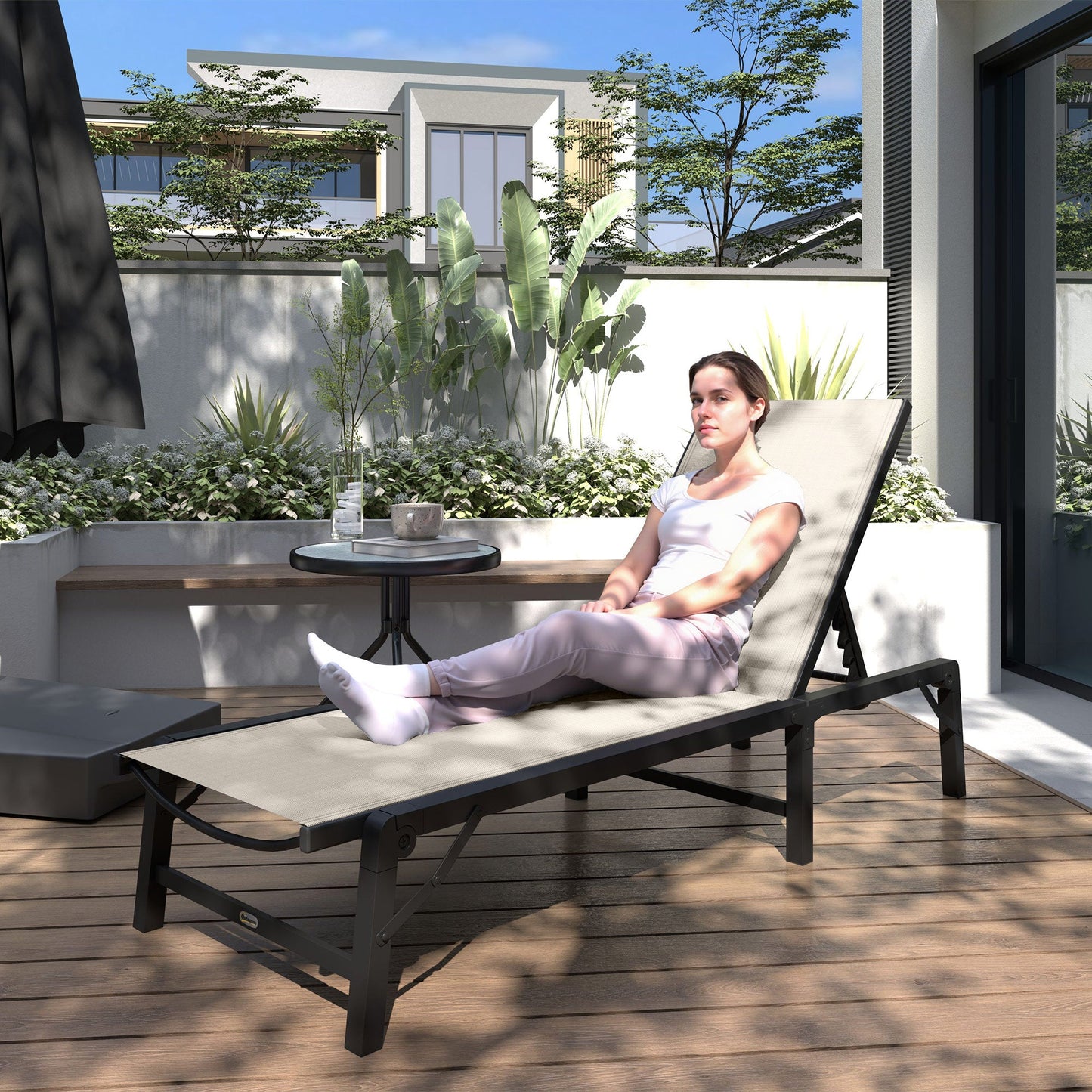 Folding Sun Lounger, 5-Position Adjustable Garden Chaise Lounge Sunbed, Steel Frame Reclining Chair for Beach, Porch, Patio, Camping, Khaki