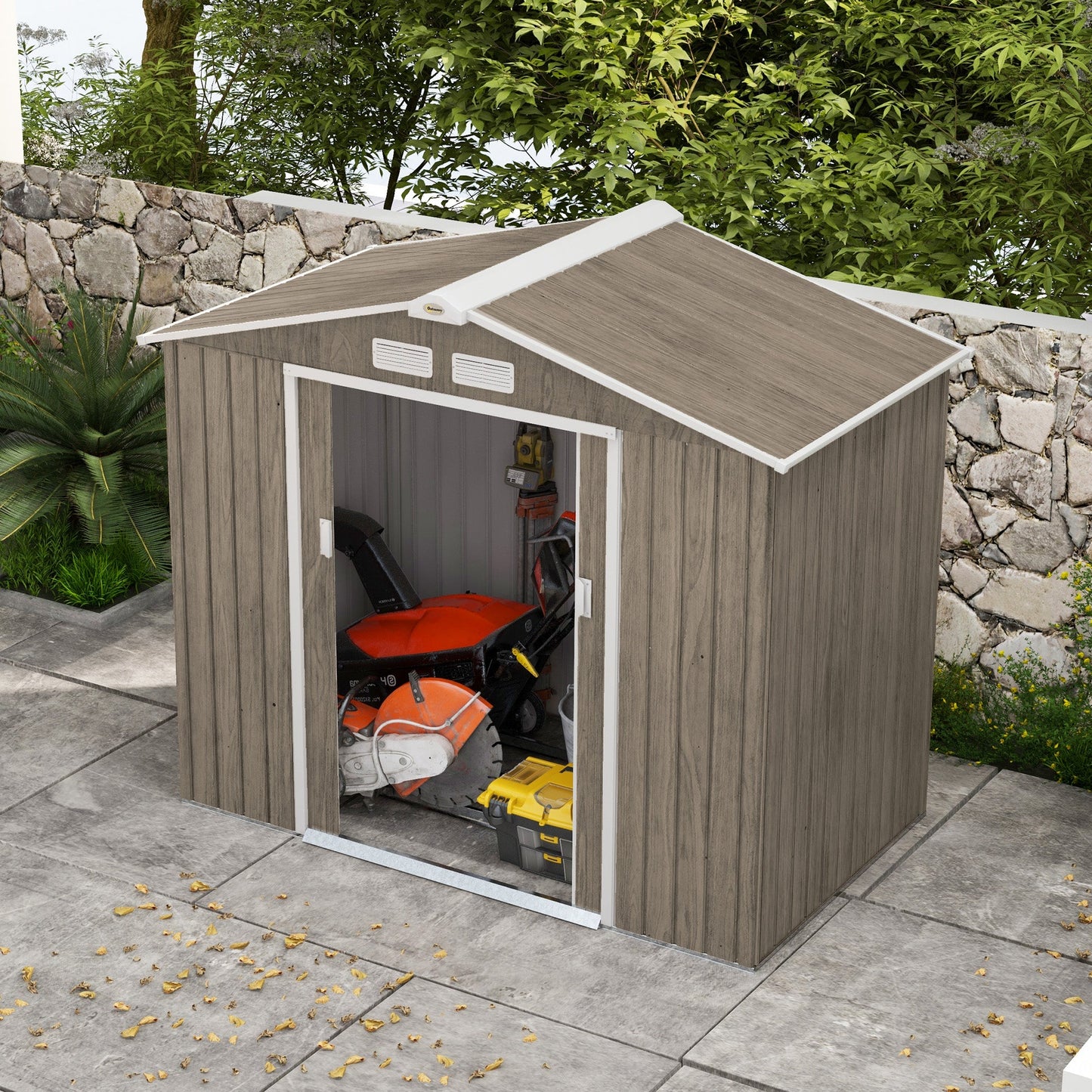 7 x 4ft Metal Garden Shed, Outdoor Storage Tool House with Ventilation Slots, Foundation Kit and Lockable Double Doors, Light Brown