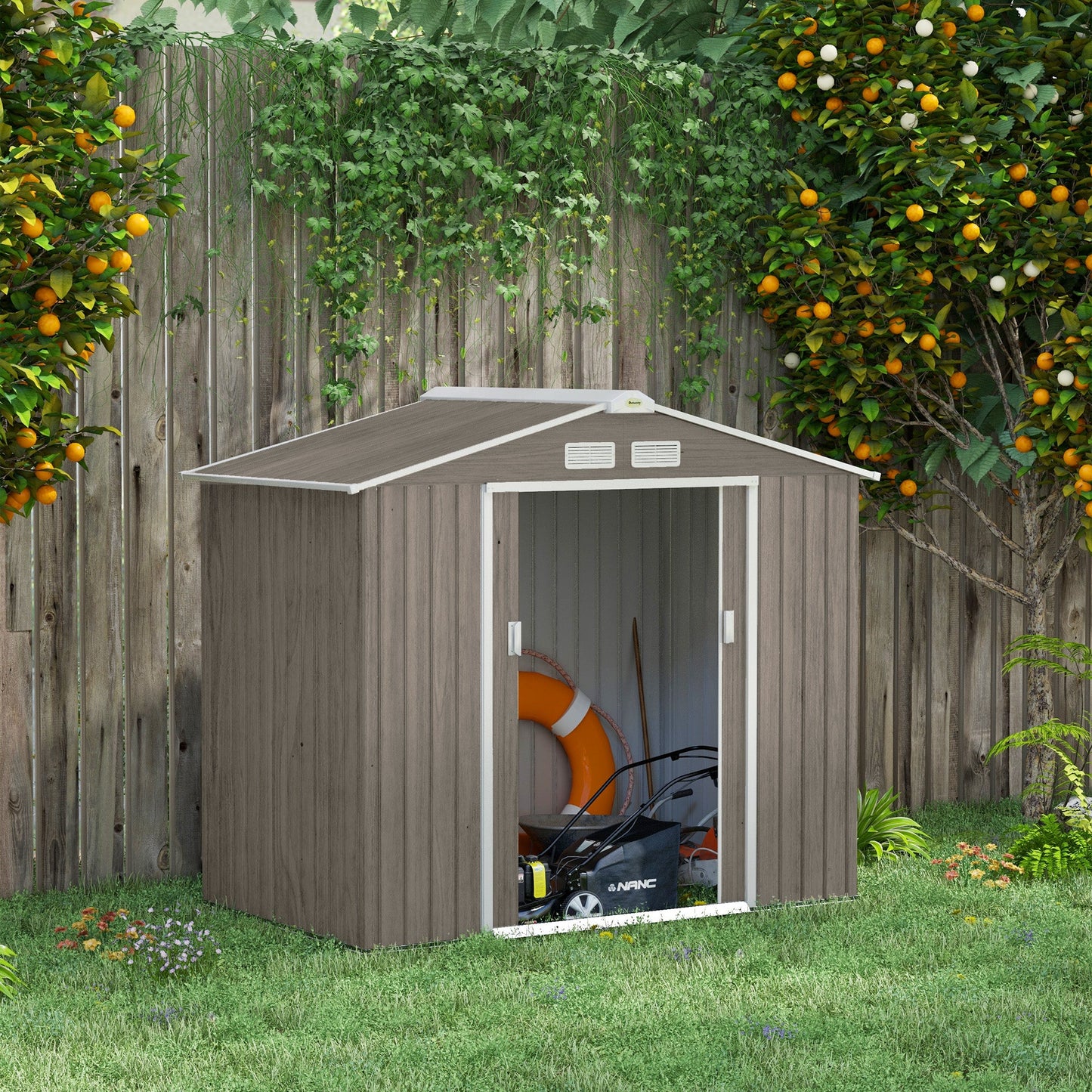 7 x 4ft Metal Garden Shed, Outdoor Storage Tool House with Ventilation Slots, Foundation Kit and Lockable Double Doors, Light Brown