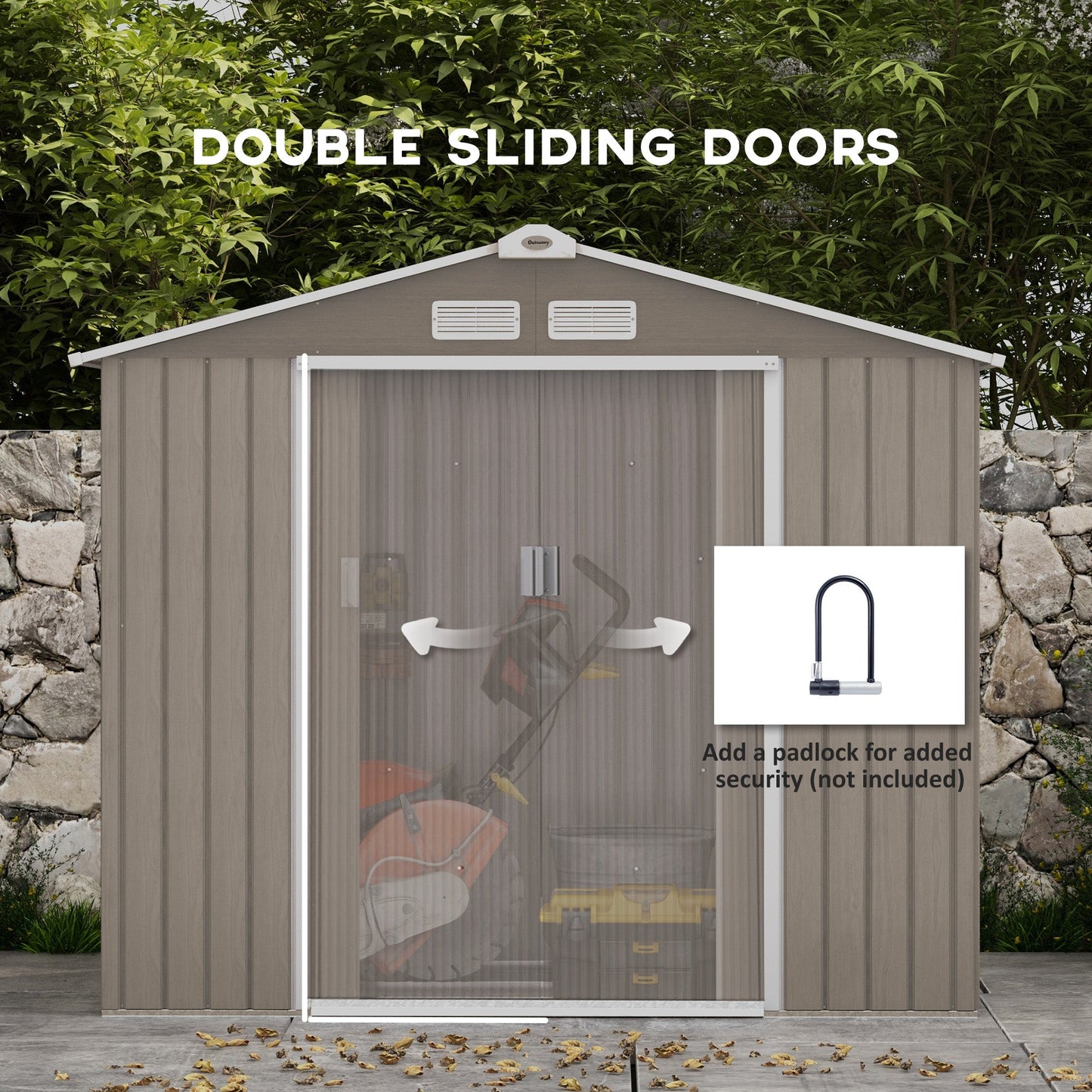 7 x 4ft Metal Garden Shed, Outdoor Storage Tool House with Ventilation Slots, Foundation Kit and Lockable Double Doors, Light Brown