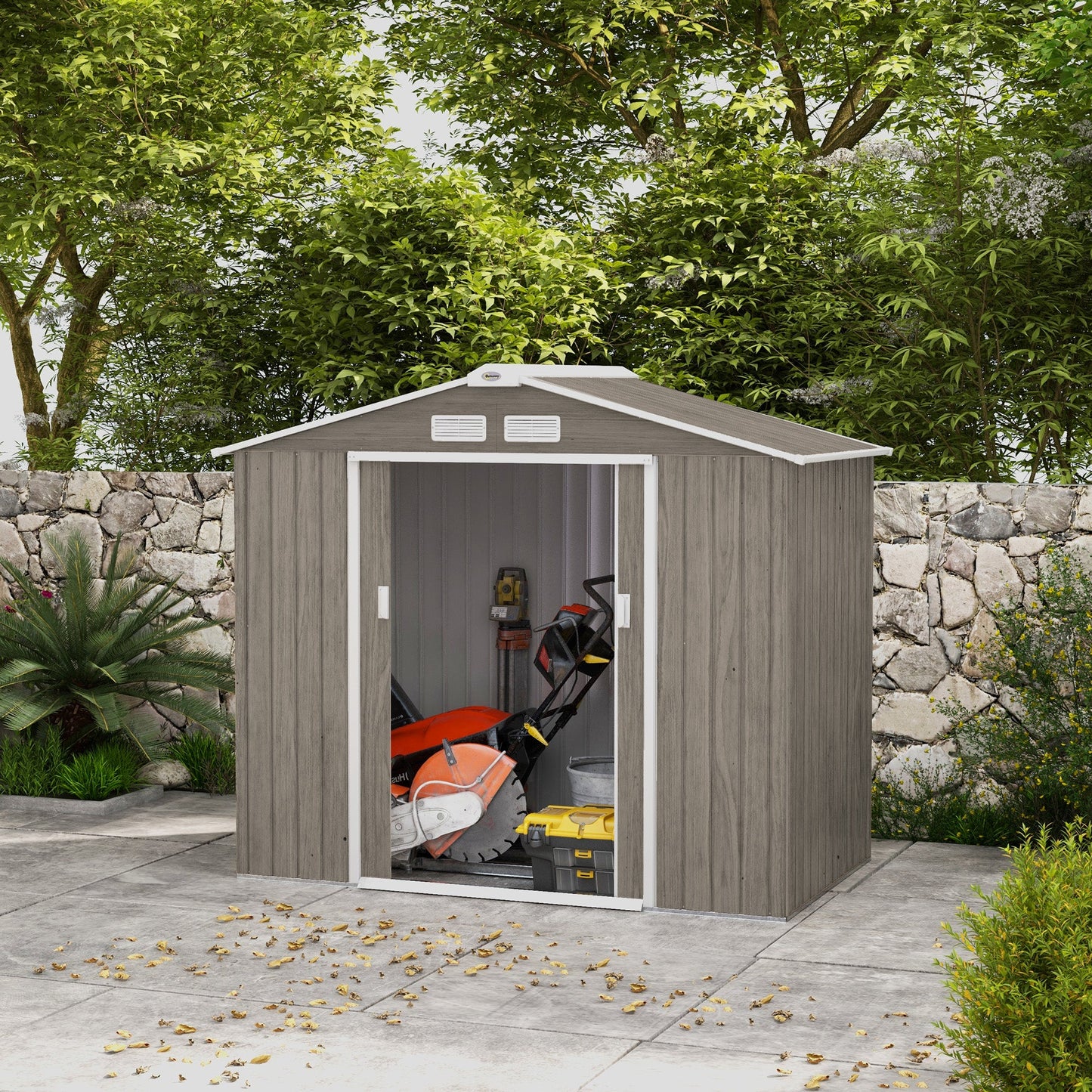 7 x 4ft Metal Garden Shed, Outdoor Storage Tool House with Ventilation Slots, Foundation Kit and Lockable Double Doors, Light Brown